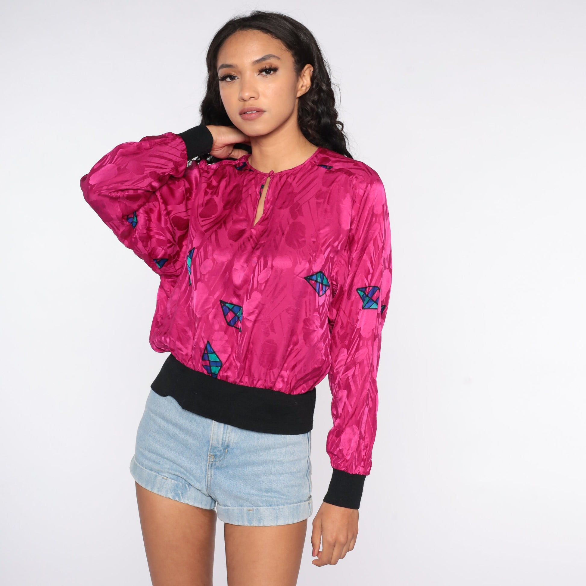 80s Hot Pink Silk Blouse Geometric Print Long Sleeve Medium Large