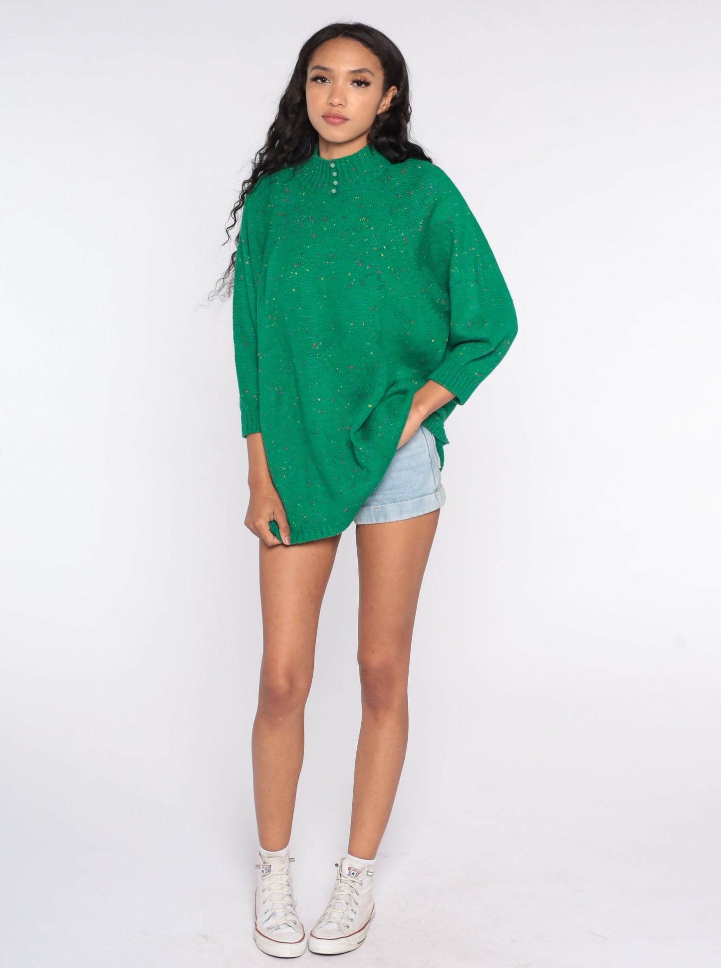 70s Green Flecked Wool Knit Sweater Mock Neck Longline Pullover One Size