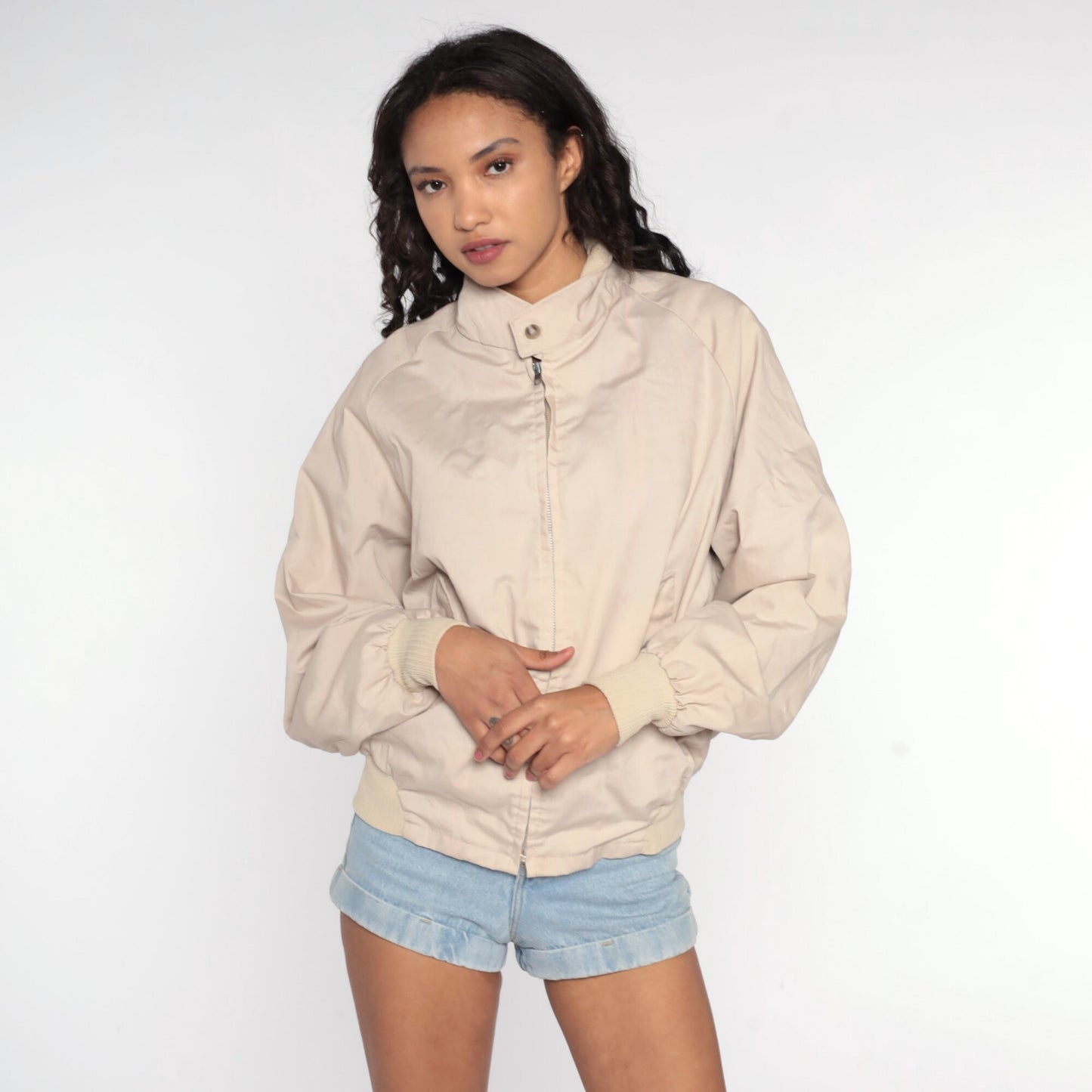 80s Beige Windbreaker Jacket Raglan Sleeve Zip Up Medium