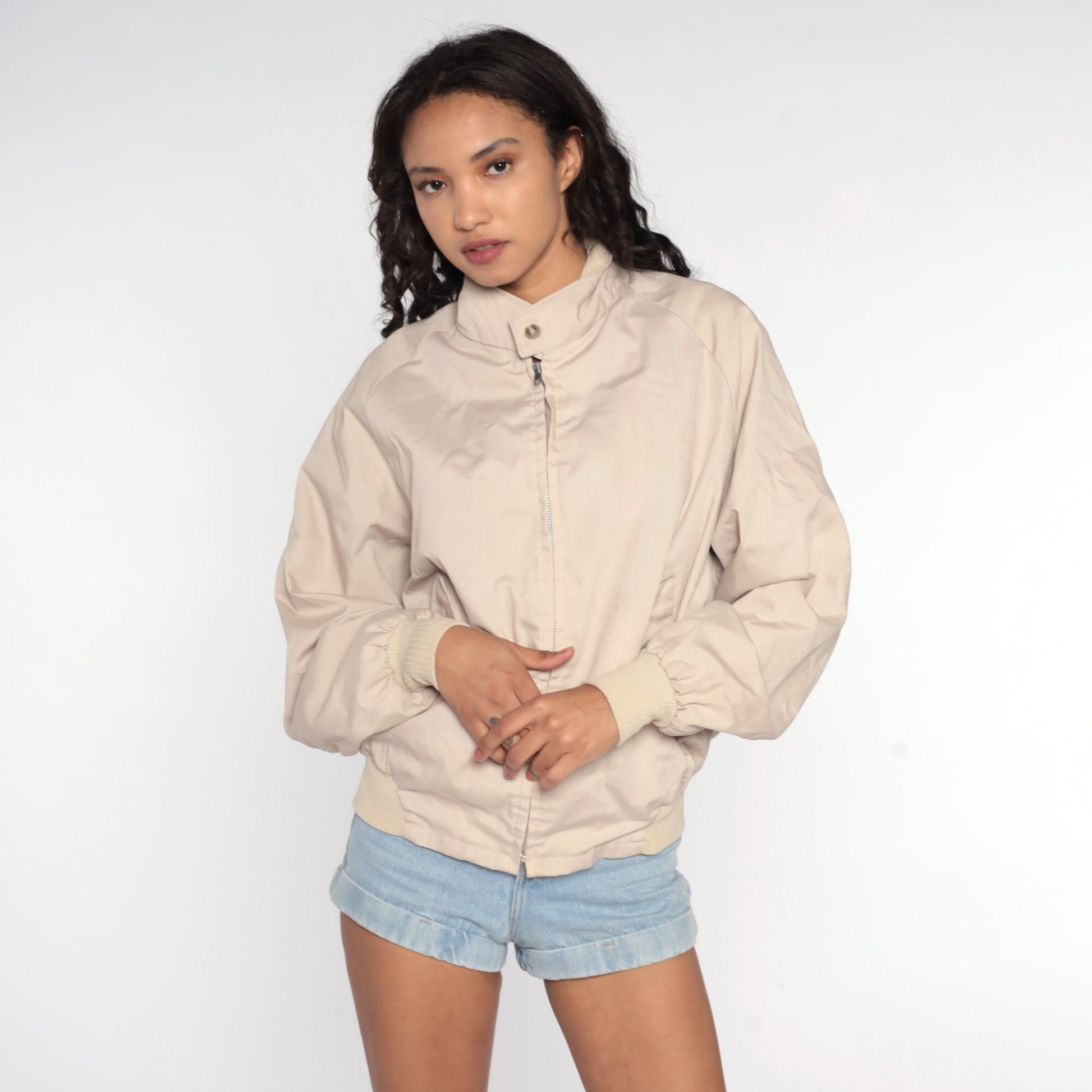 80s Beige Windbreaker Jacket Raglan Sleeve Zip Up Medium