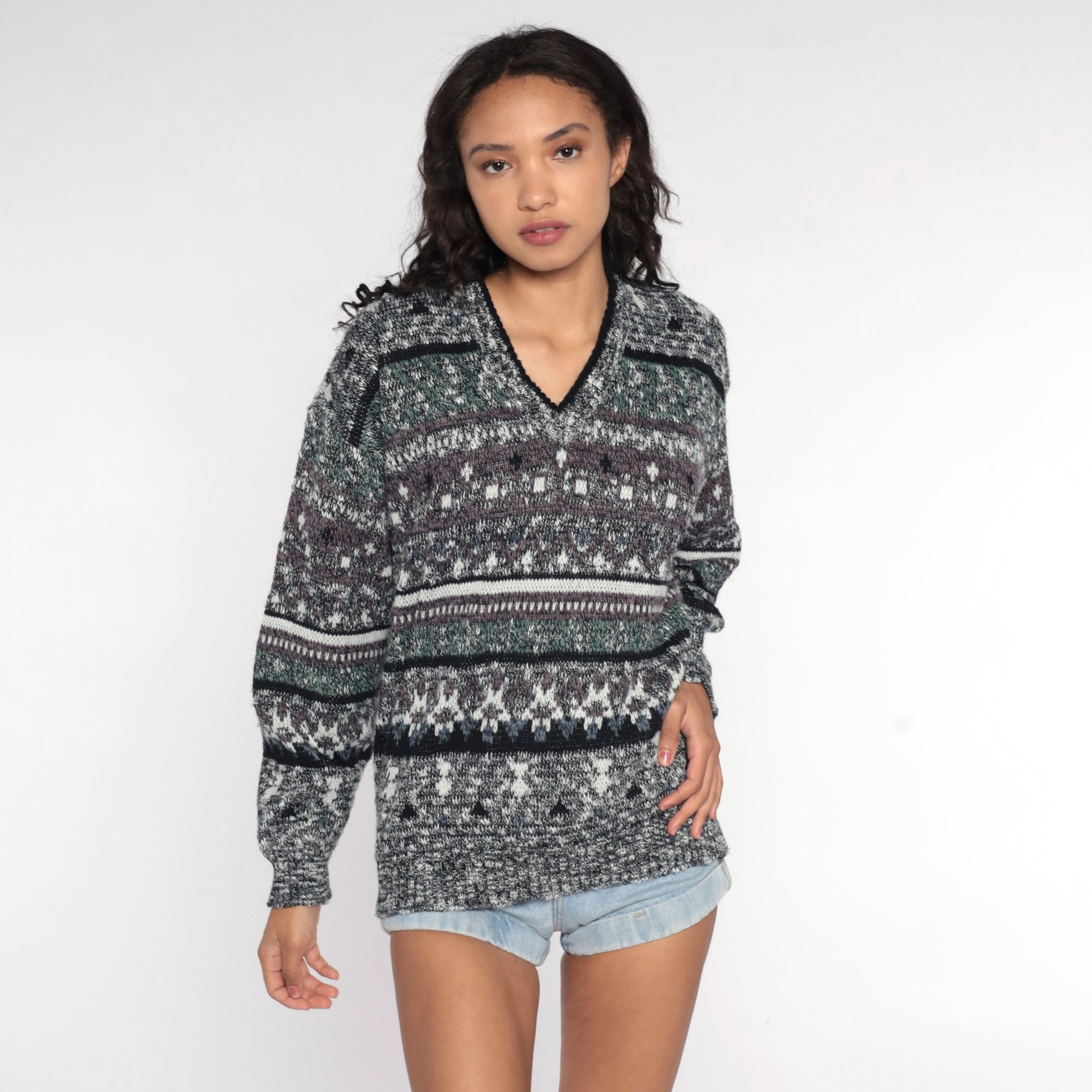80s Geometric Flecked Grey Striped Knit Sweater V Neck Pullover Medium