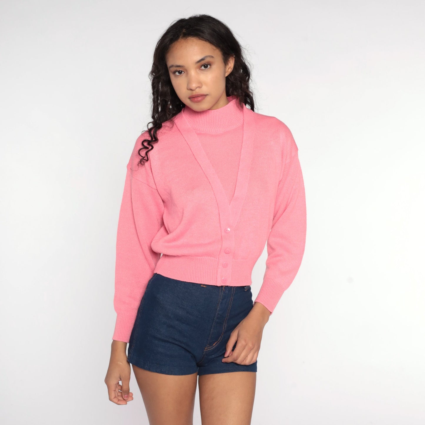 80s Pink Mock Neck Sweater Knit Pullover Small Medium