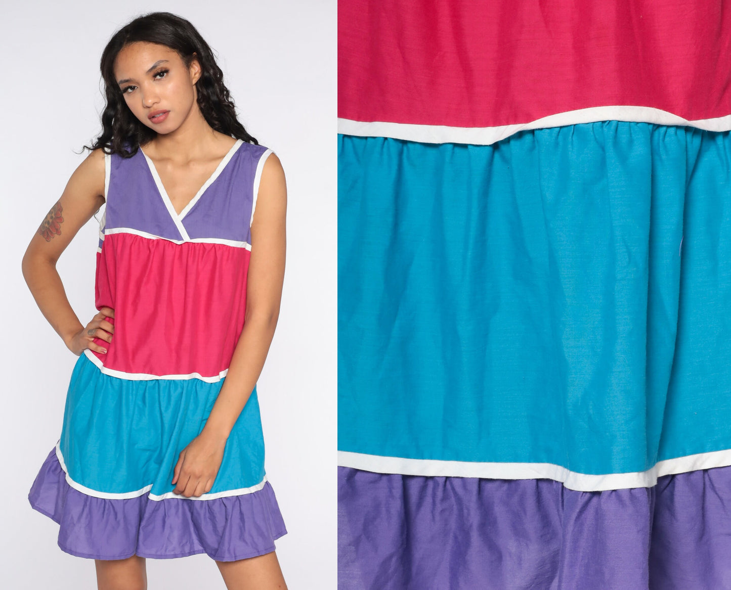 80s Color Block Mini Tank Dress Pink Purple Striped Tent Cut Large L