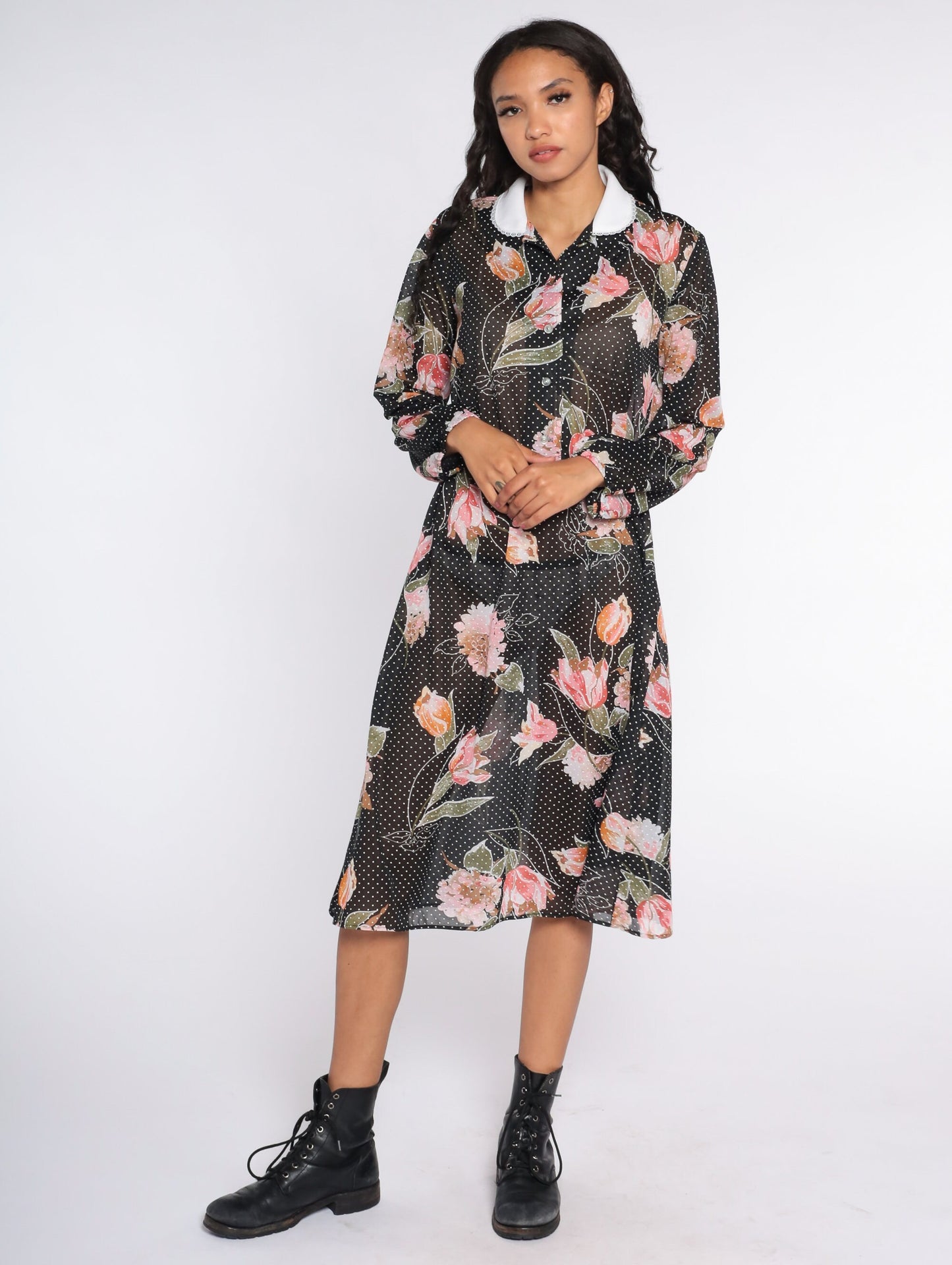 80s Black Floral Sheer Midi Dress Long Sleeve Button Up High Waist Large