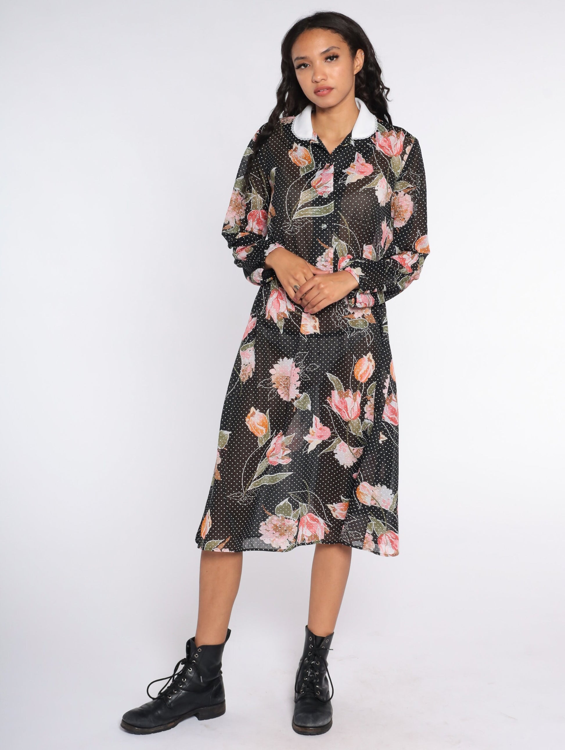 80s Black Floral Sheer Midi Dress Long Sleeve Button Up High Waist Large