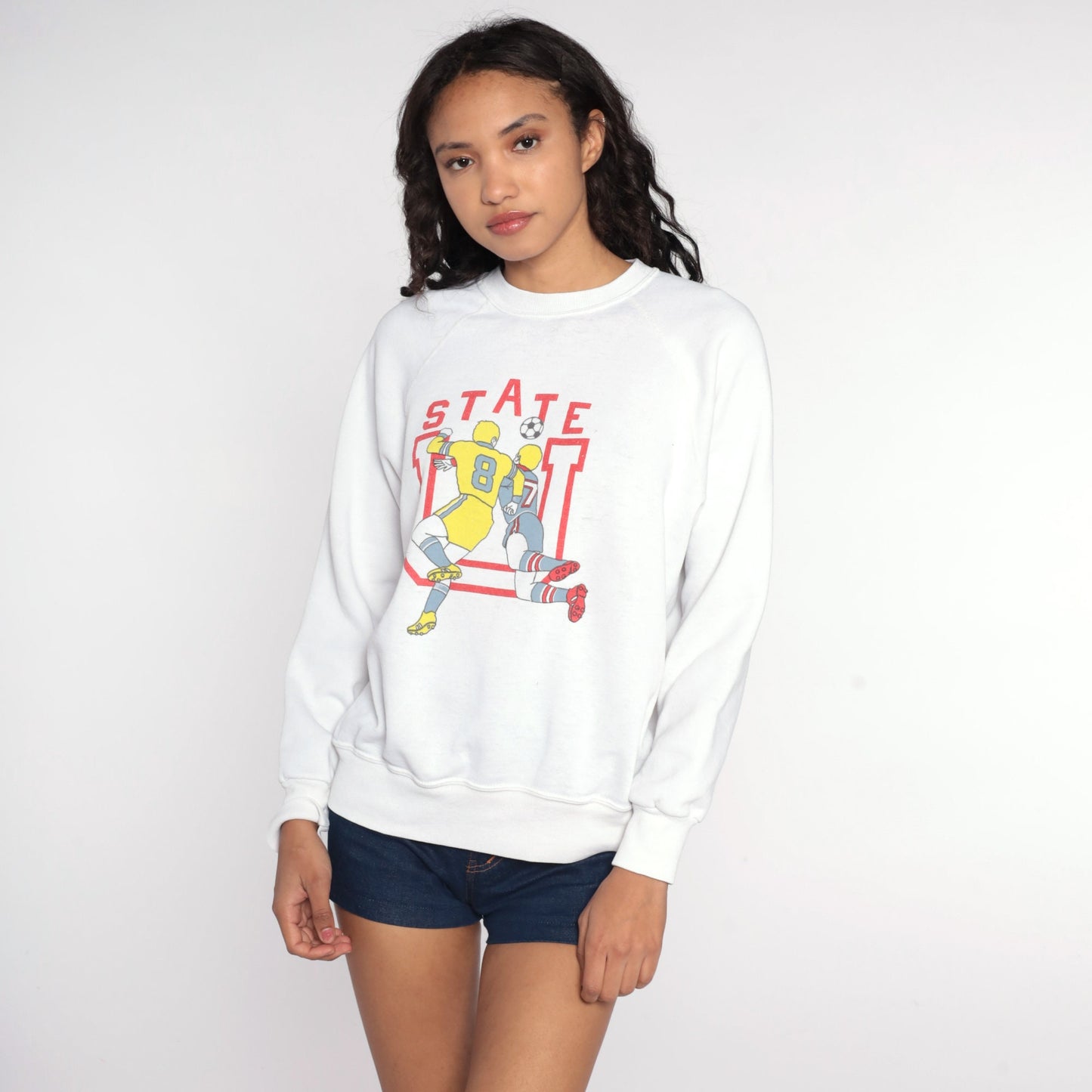 80s State U Football Sweatshirt White Graphic Crewneck Pullover Large