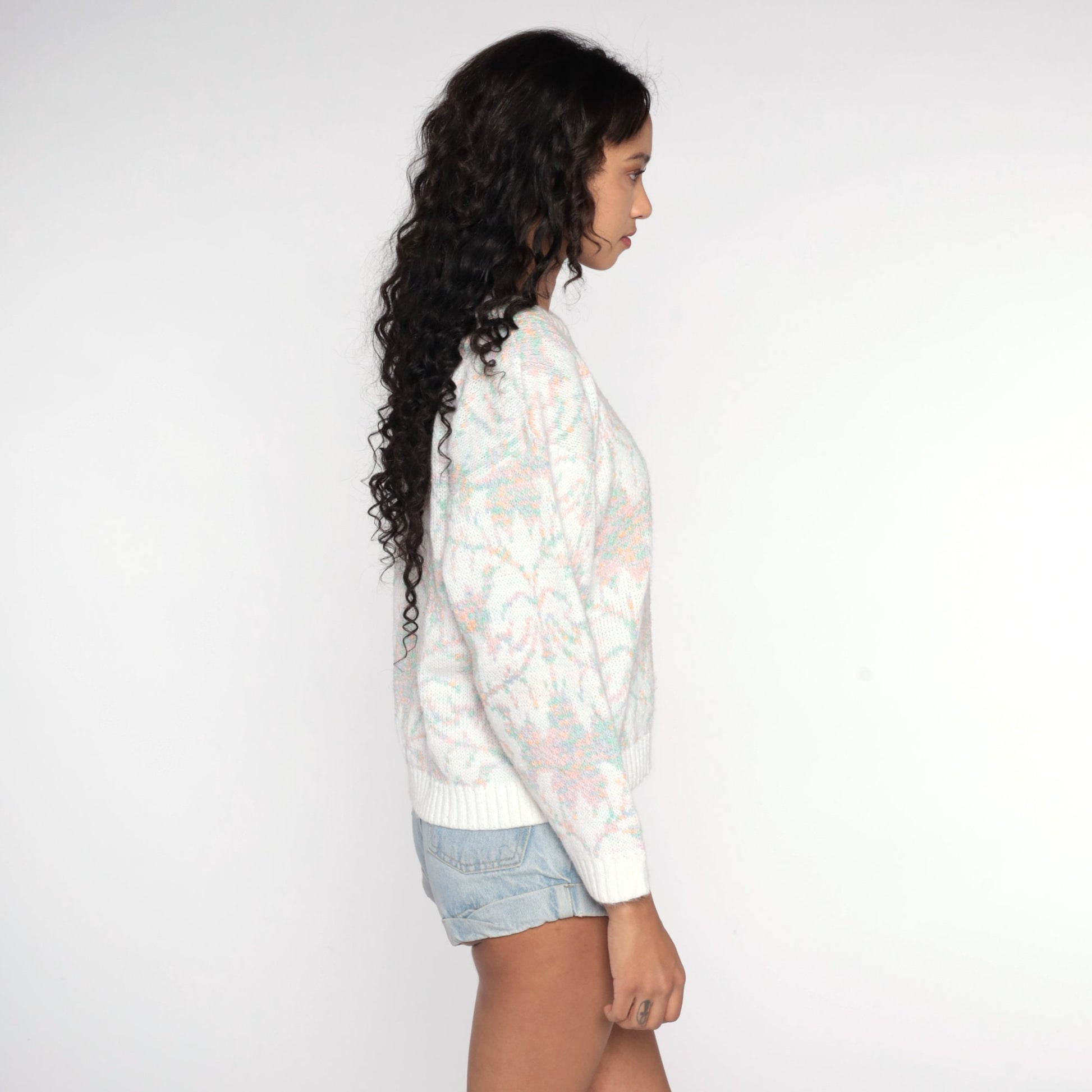80s Geometric Leaf Knit Sweater White Pastel Pullover Medium