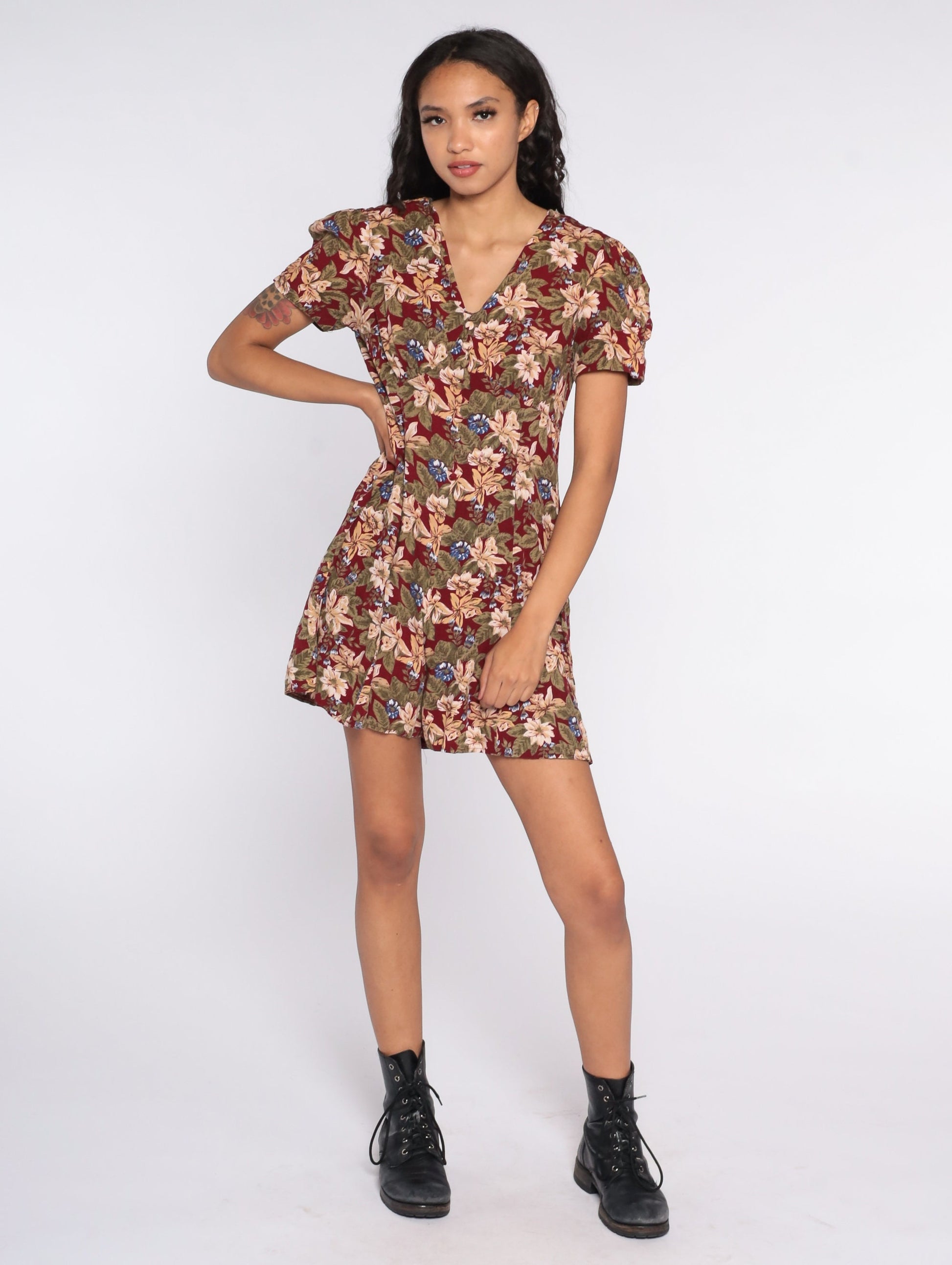 90s Burgundy Floral Romper Wide Leg Empire Waist Playsuit Small