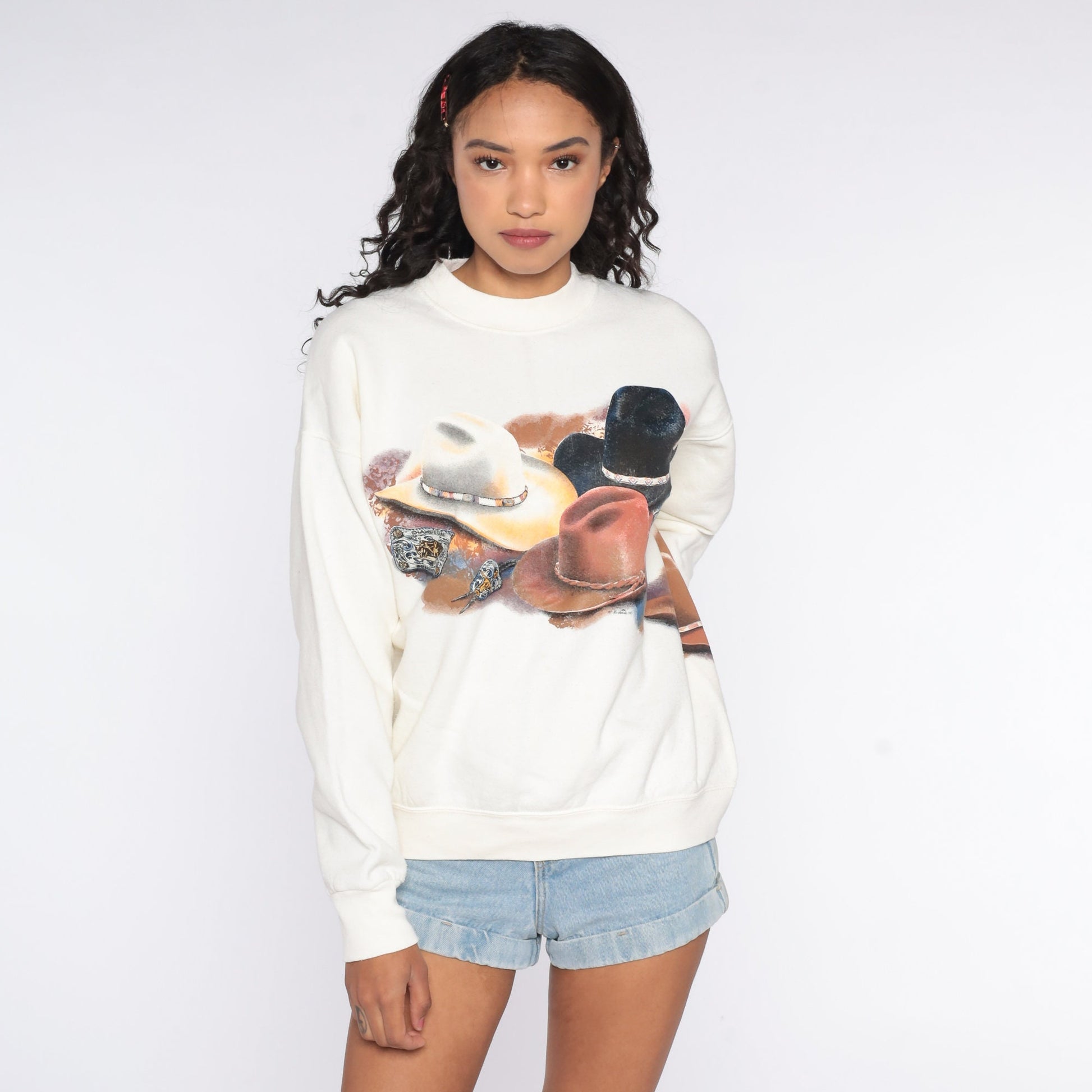 90s Cowboy Hat Graphic Sweatshirt Cream Crewneck Pullover Large L
