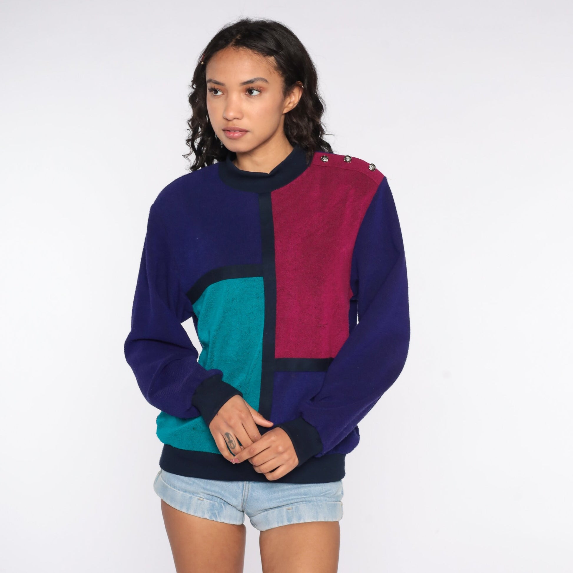 80s Color Block Sweatshirt Purple Turquoise Crewneck Pullover Medium