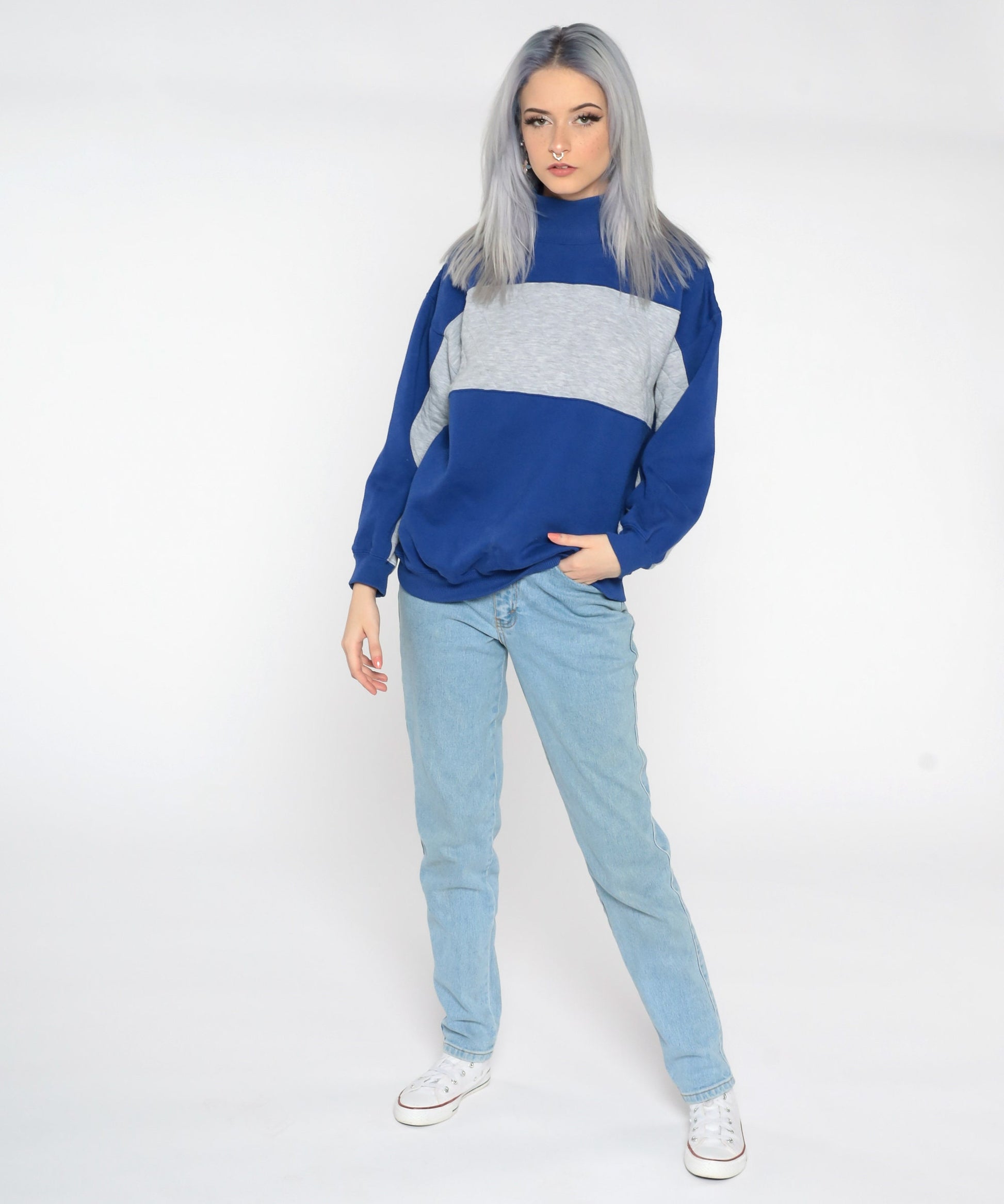 90s Navy Blue Grey Quilted Color Block Sweatshirt Funnel Neck Small
