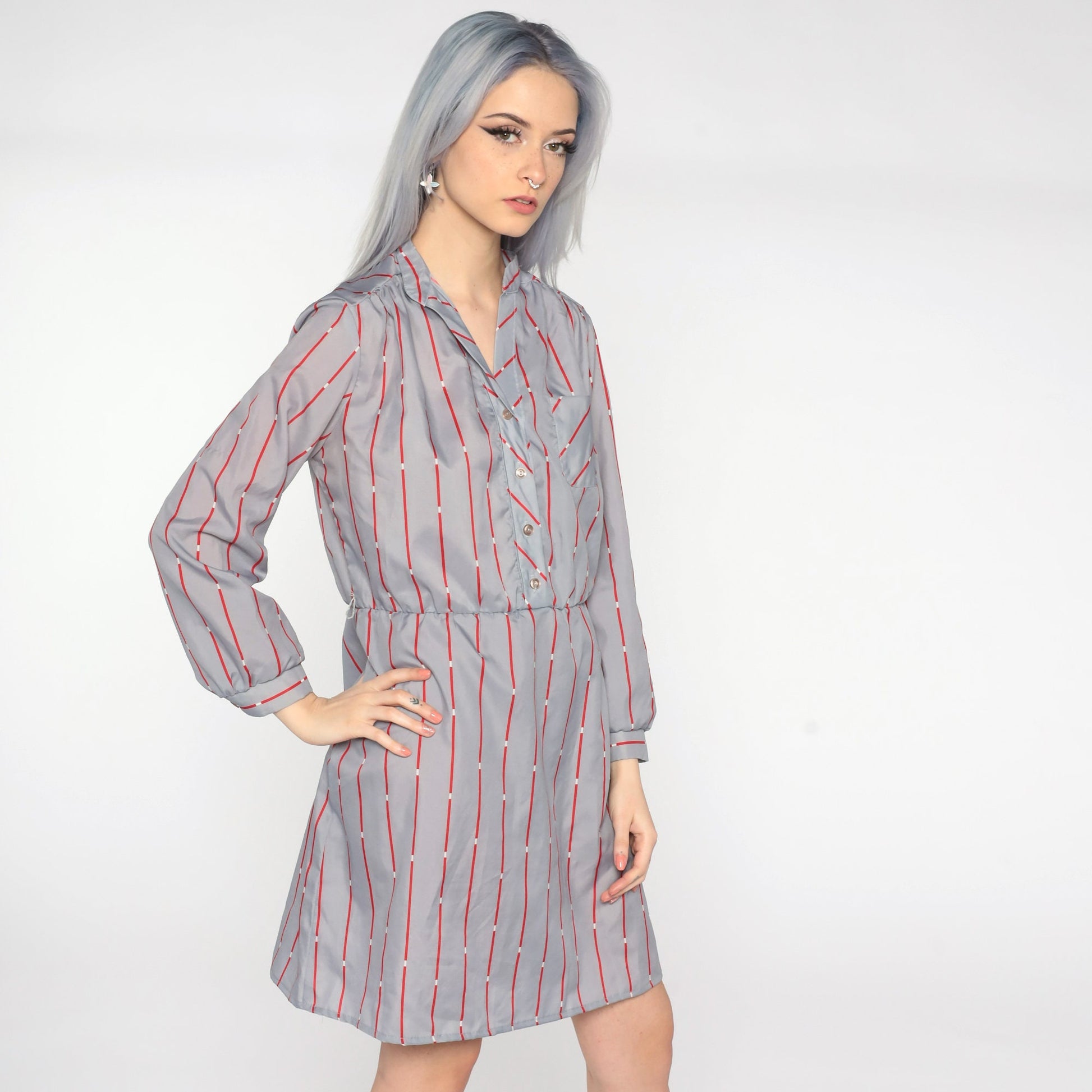 80s Striped Button-Up Mini Dress Grey Red Shirtdress Medium