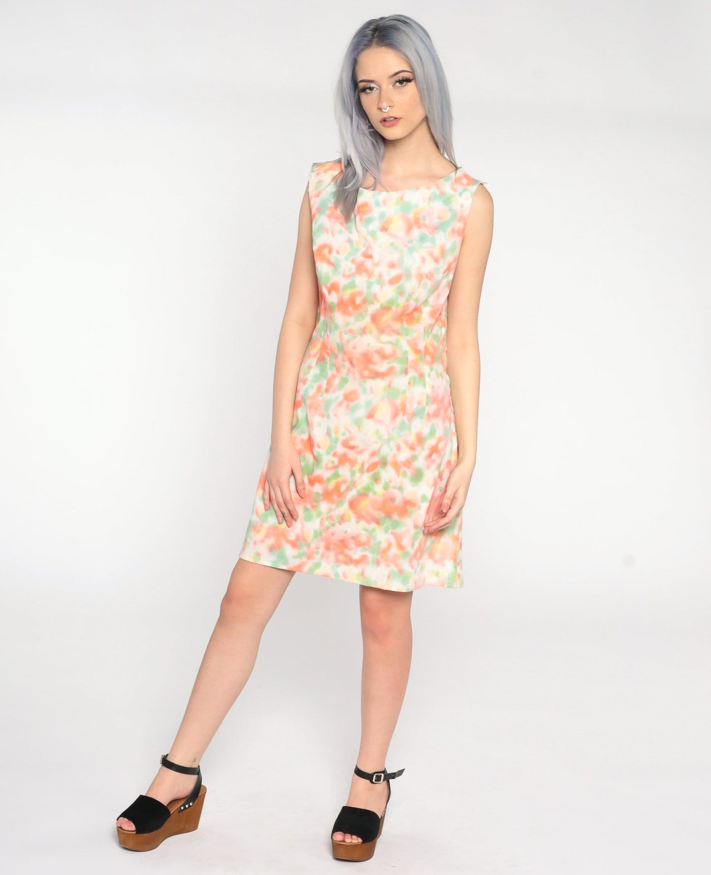 1960s Mod Floral Mini Dress White Sleeveless Shift Medium Large