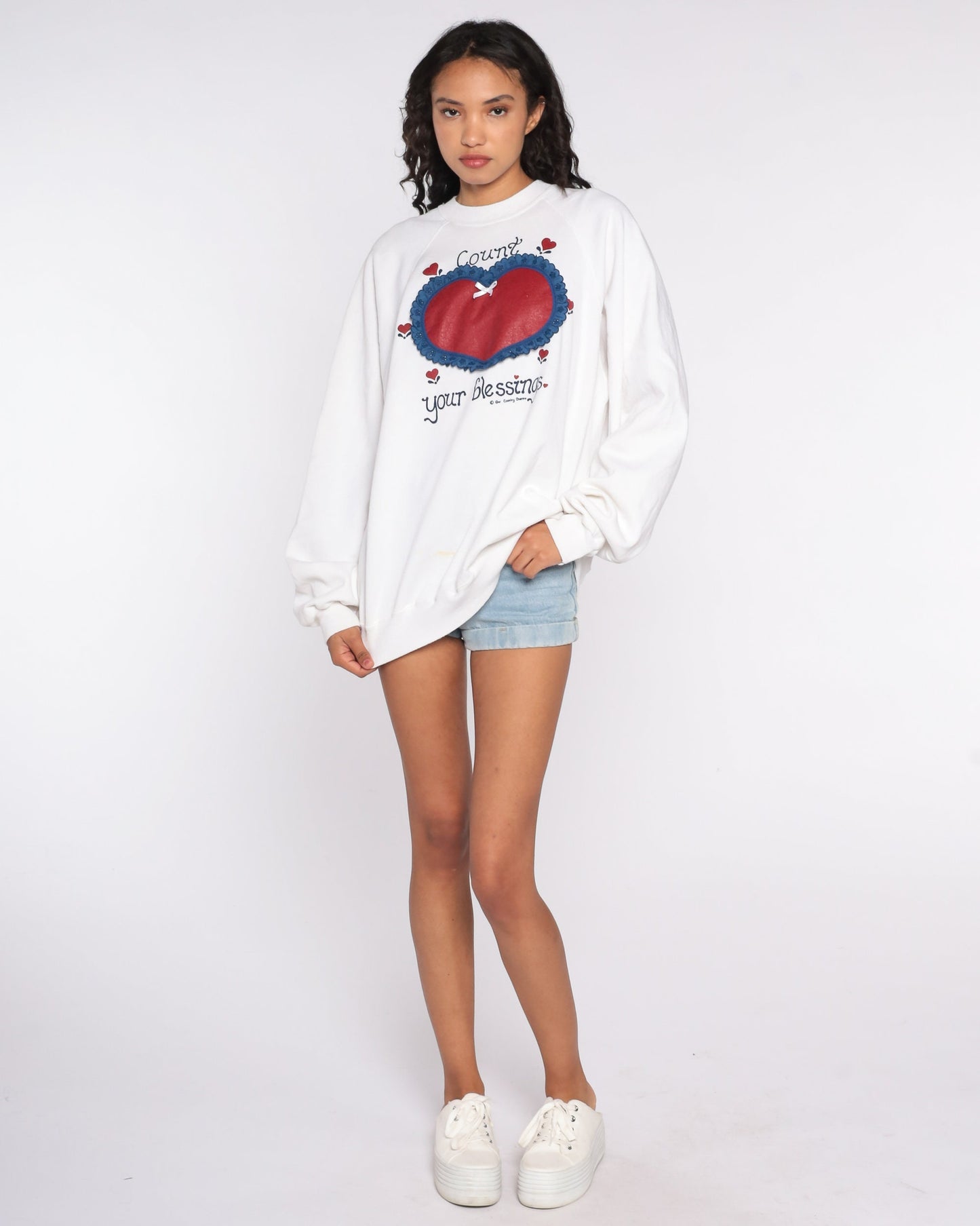80s Heart Count Your Blessings Sweatshirt Novelty Raglan Extra Large XL