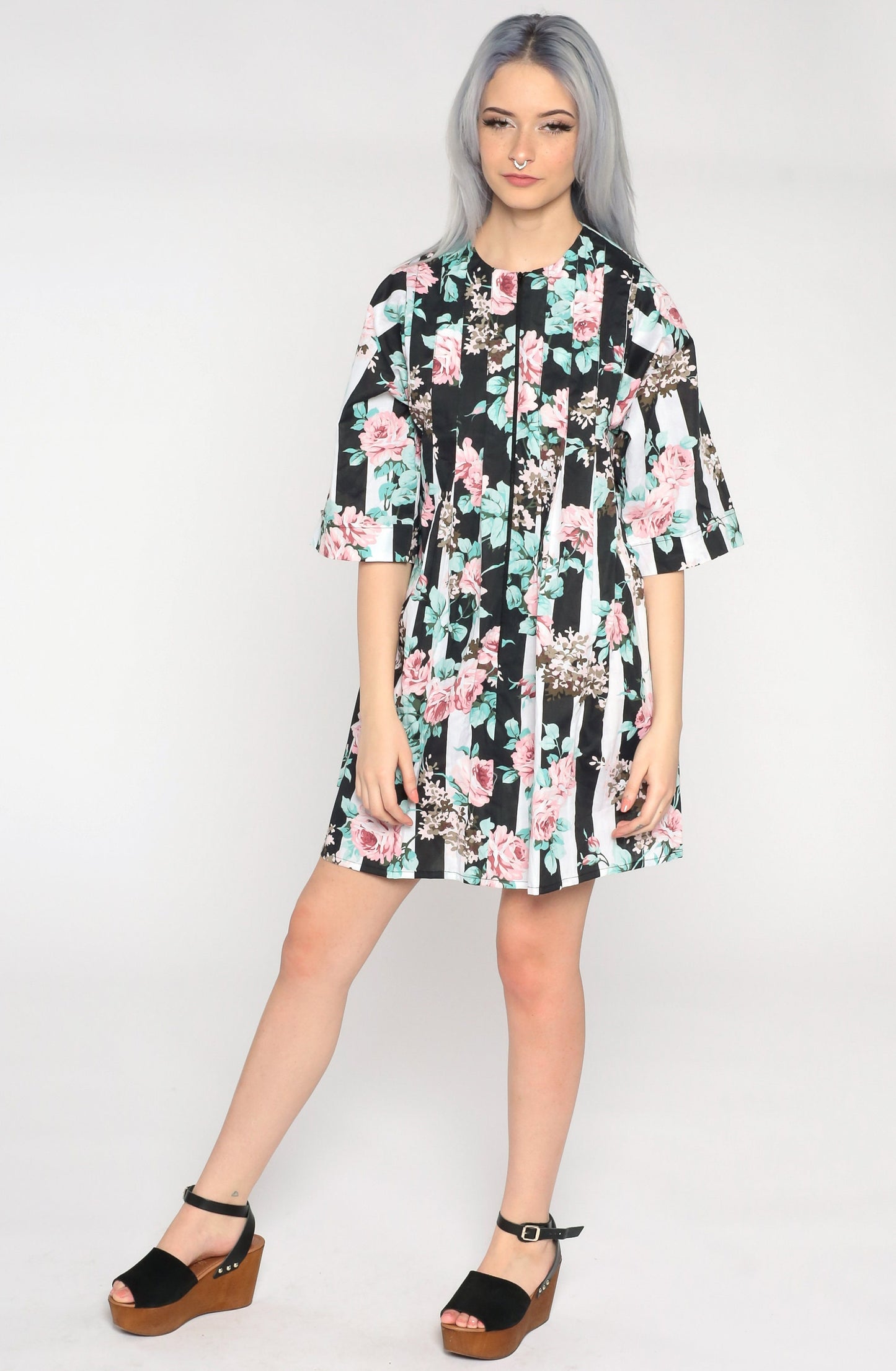 80s Floral Print Mini Dress Front Zip Shift Dress Black White Small