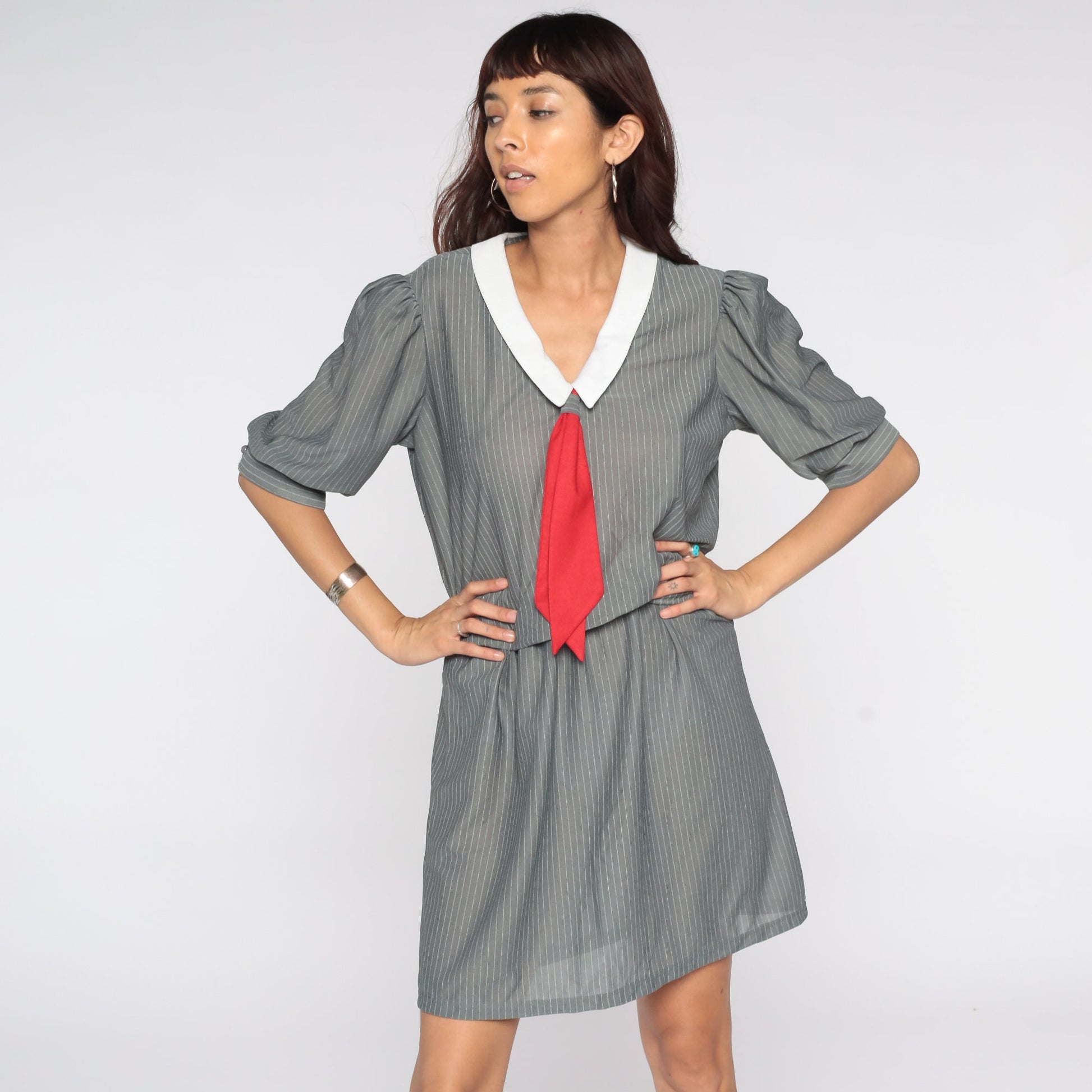 80s Grey Striped Mini Dress Puff Sleeve Ascot Necktie White Collar Medium