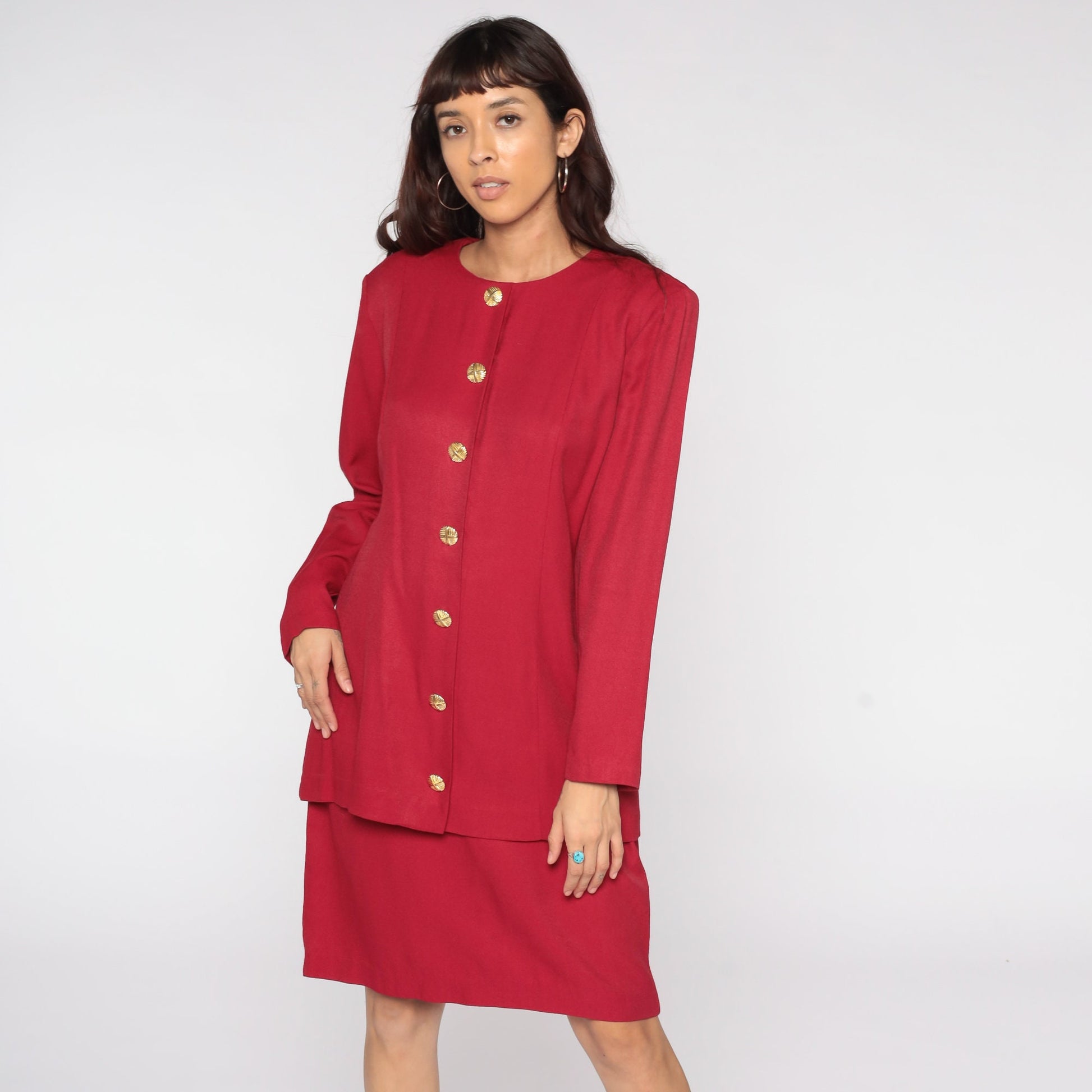 80s Red Button-Up Dress Gold Buttons Knee Length Long Sleeve Medium