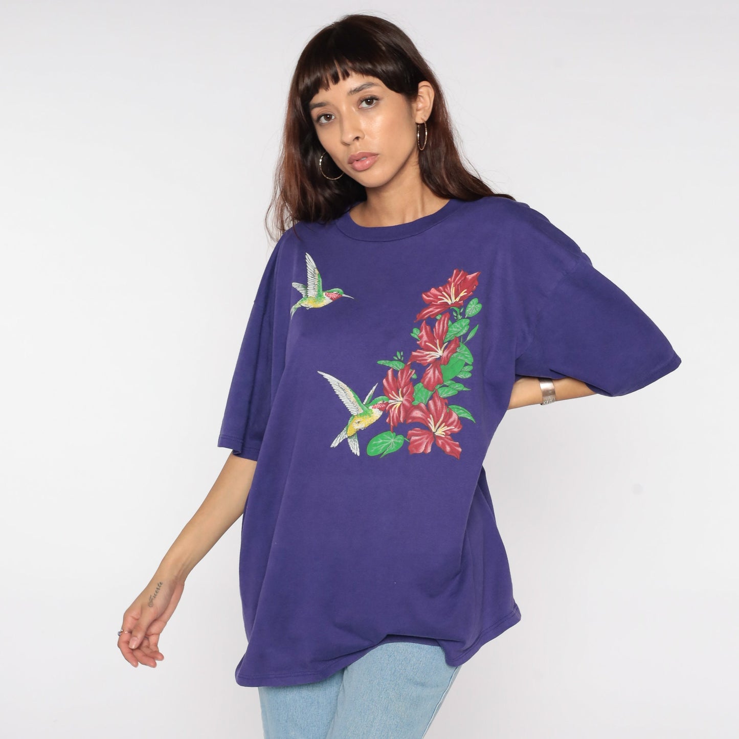 90s Hummingbird Canna Flower T-Shirt Purple Graphic Tee Plus Size XXL
