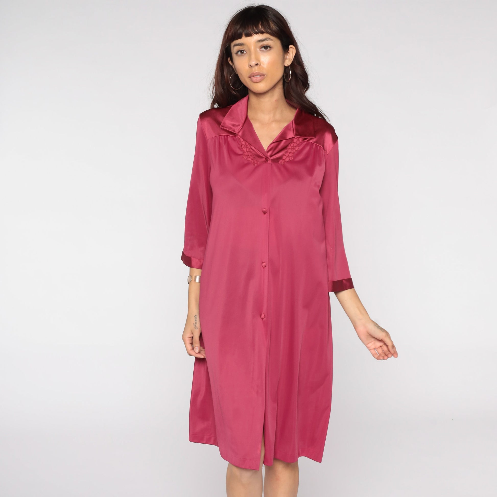 80s Raspberry Nylon Pajama Dress Floral Embroidery Button Front Midi Large L
