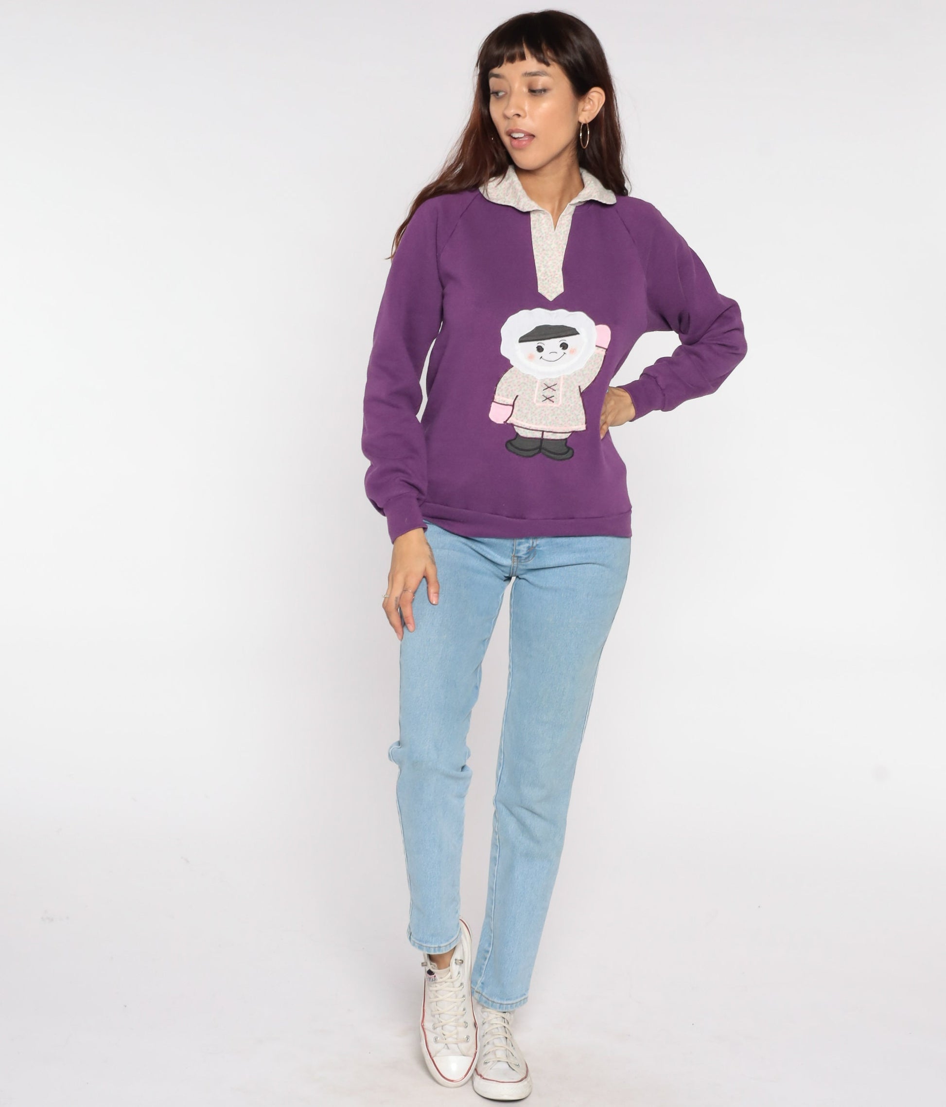 80s Jerzees Sweatshirt Purple Graphic Collared Crewneck Small