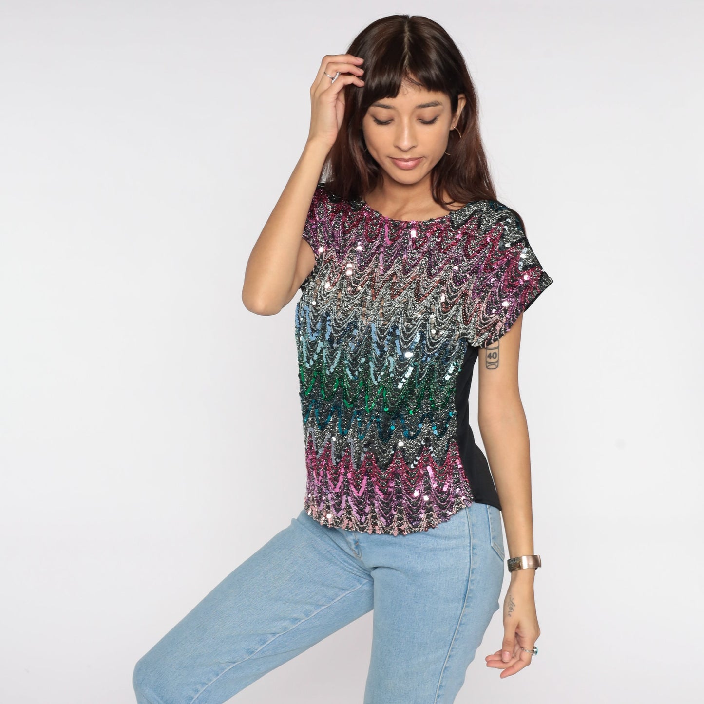 80s Sequin Beaded Blouse Cap Sleeve Black Metallic Pink Blue Green Small Medium