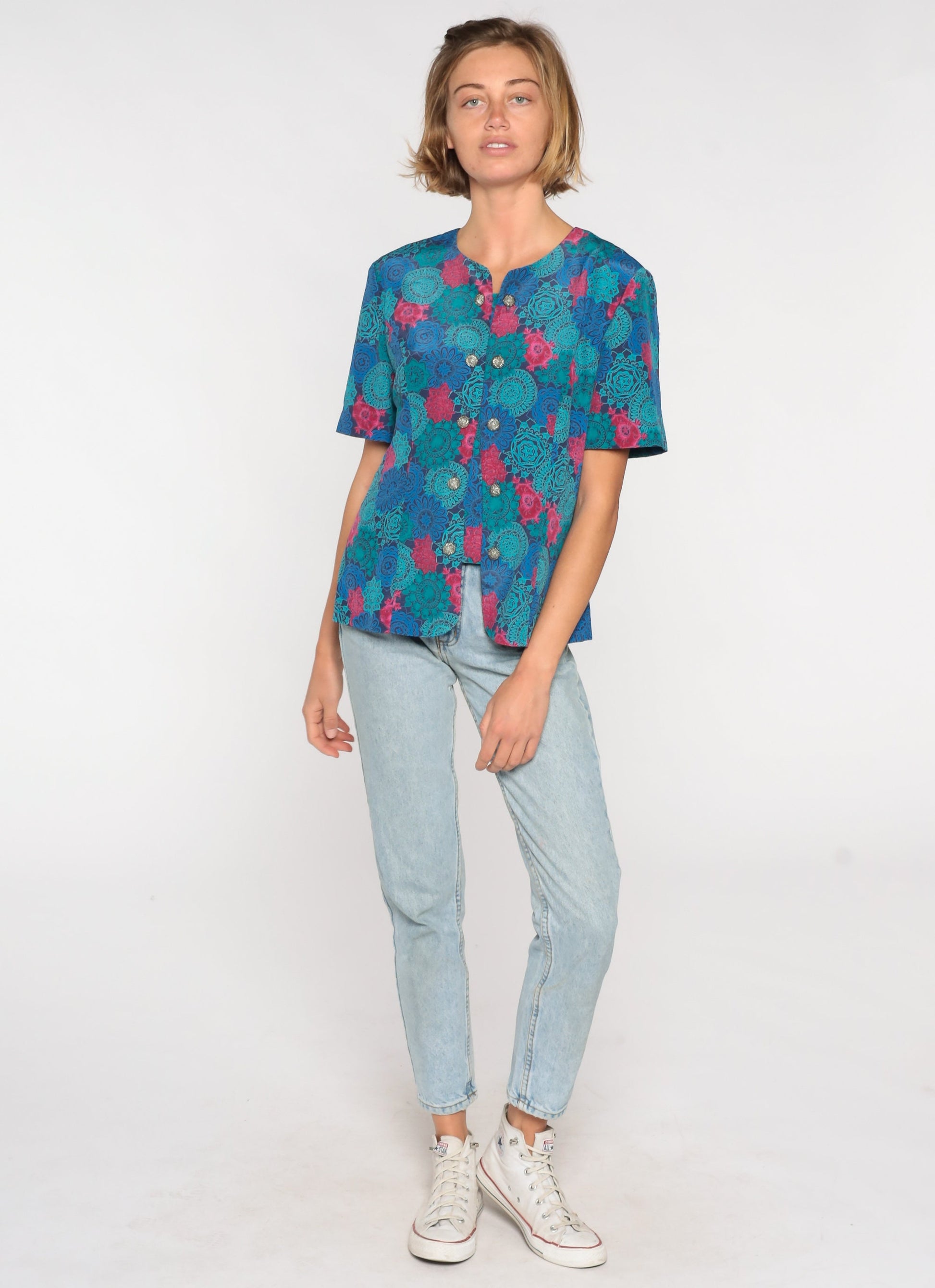 80s Leslie Fay Geometric Button Up Shirt Blue Short Sleeve Medium
