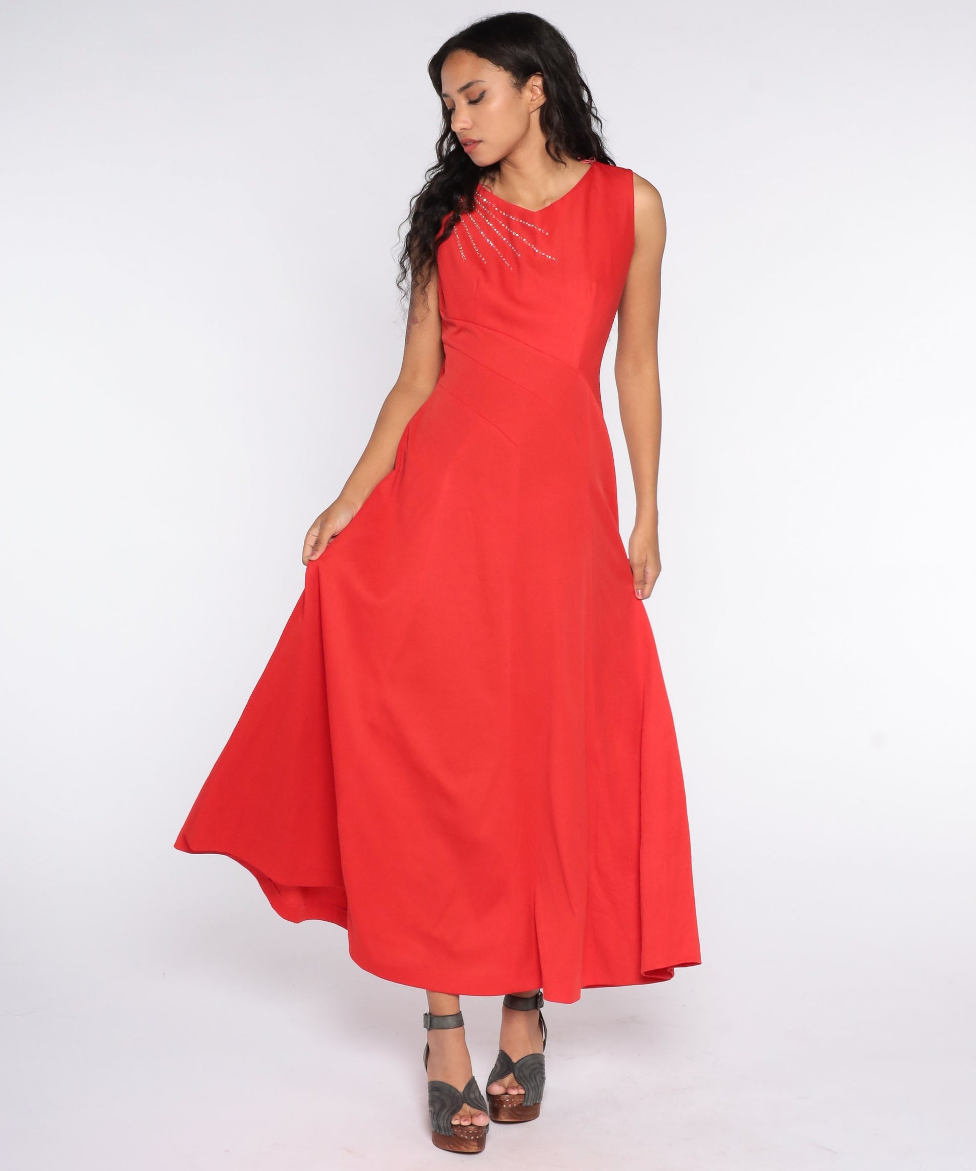 70s Red Rhinestone Maxi Dress Grecian Sleeveless Party Gown Large L
