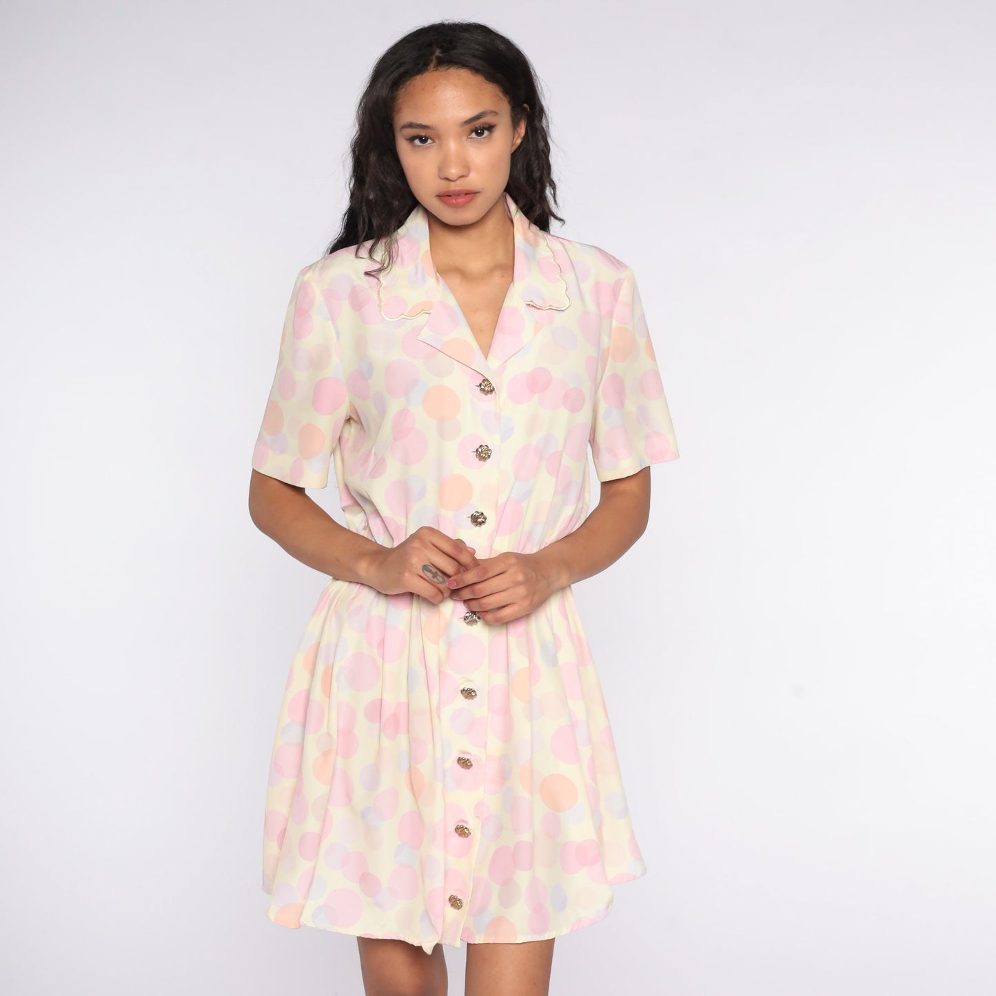 80s Polka Dot Button-Up Mini Dress High Waist Pink Purple Medium Large
