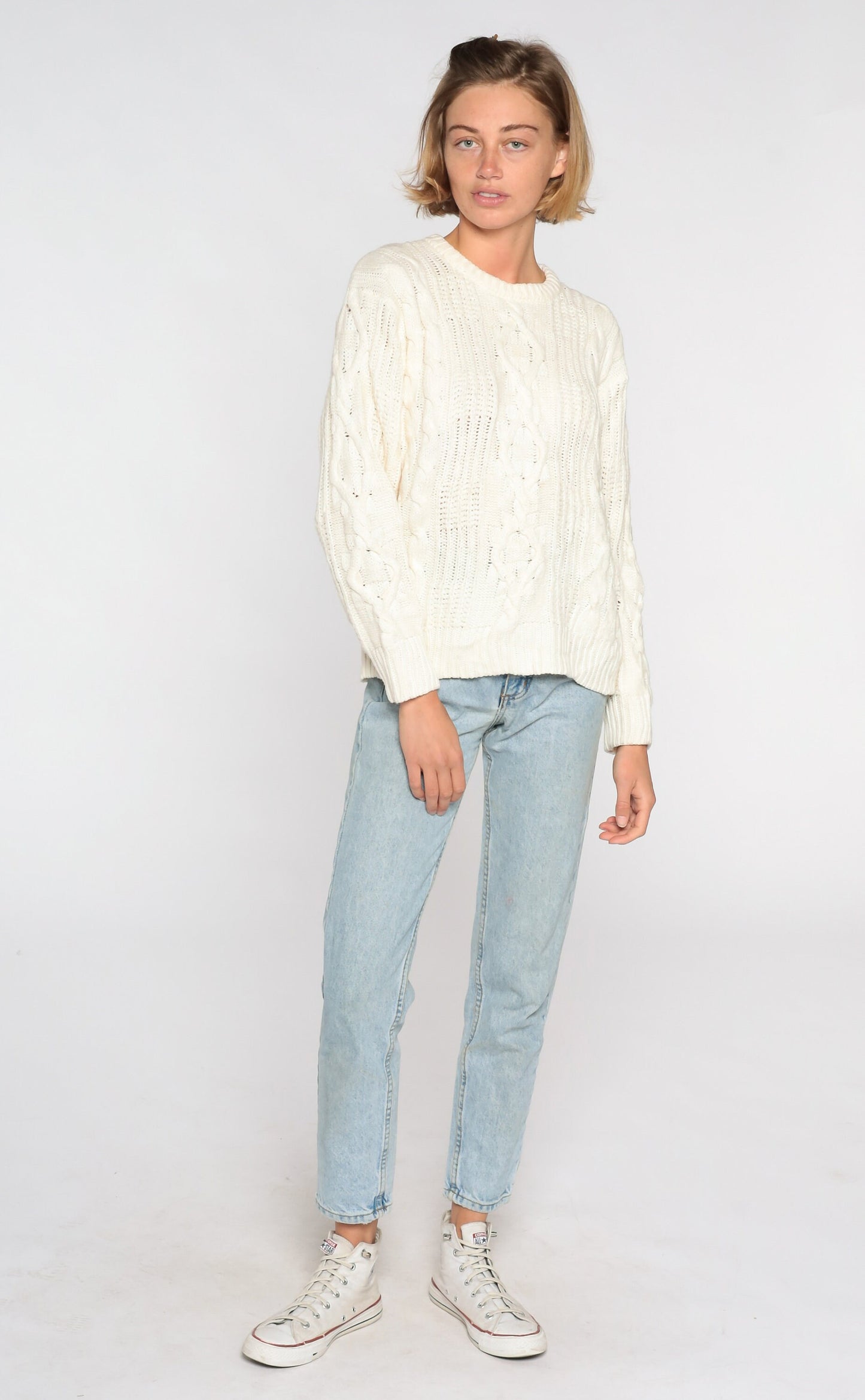 80s Cream Cable Knit Sweater Pullover Crewneck Medium