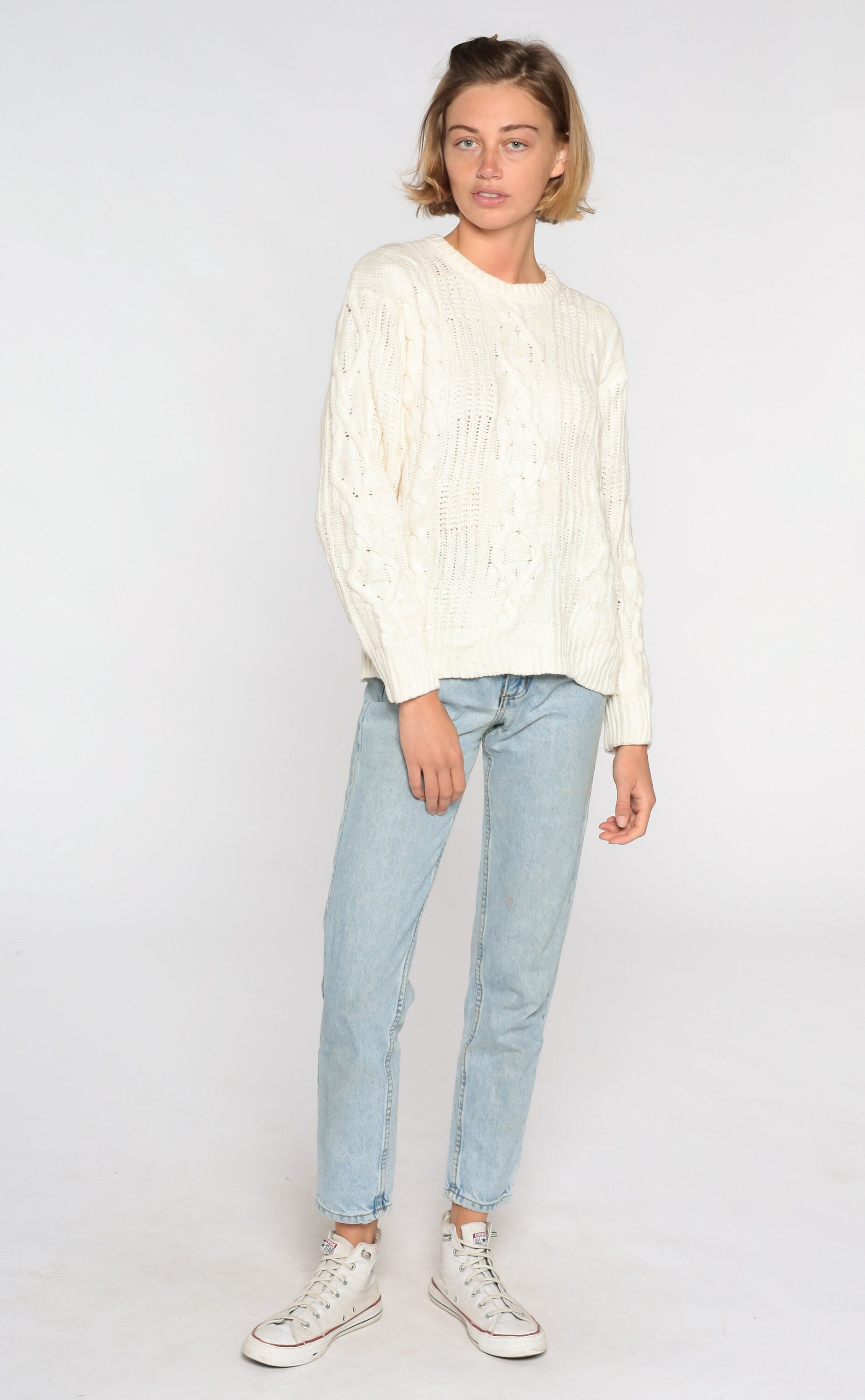 80s Cream Cable Knit Sweater Pullover Crewneck Medium