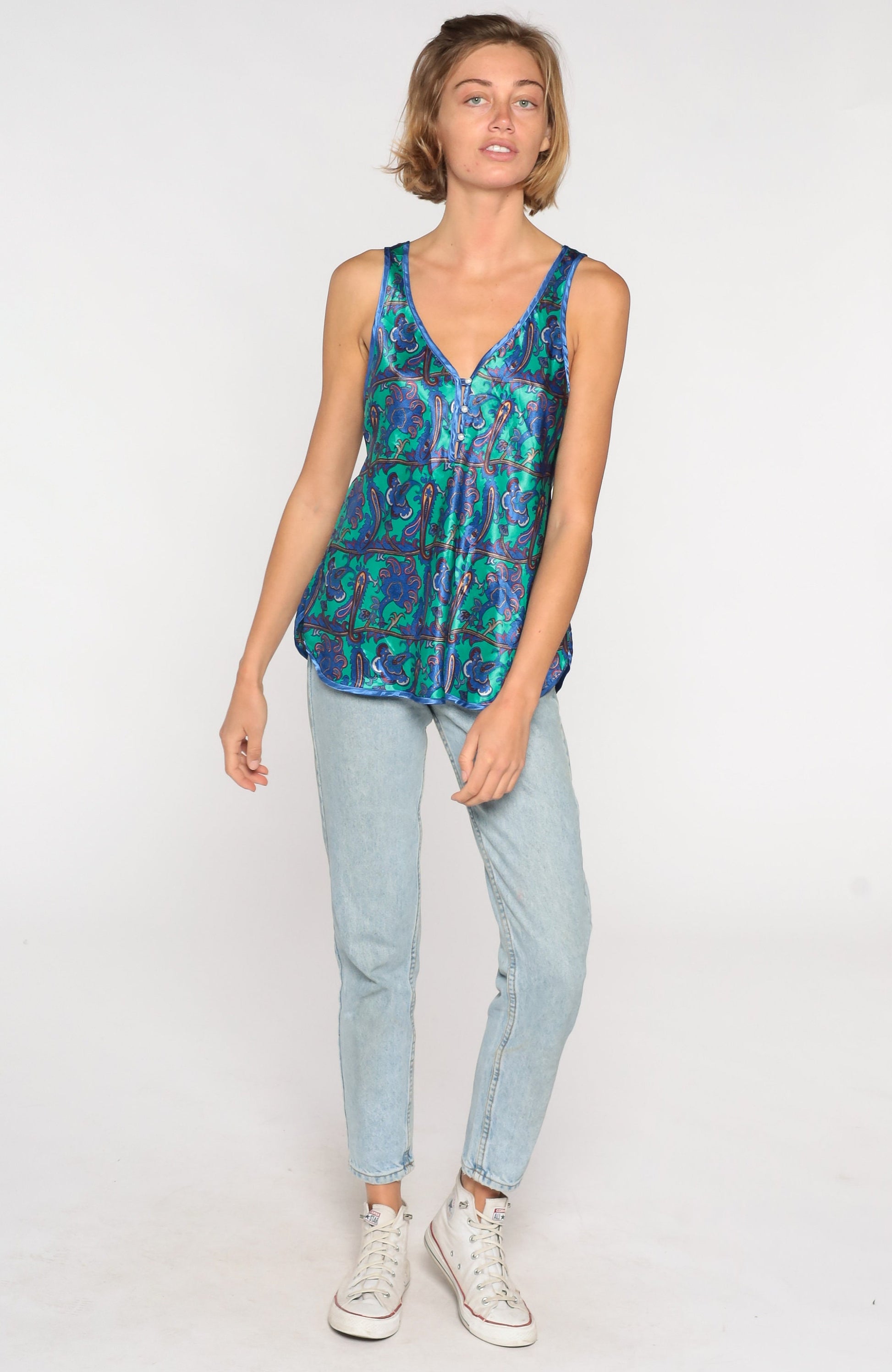 90s Green Paisley Satin Camisole Deep V Neck Tank Top Medium