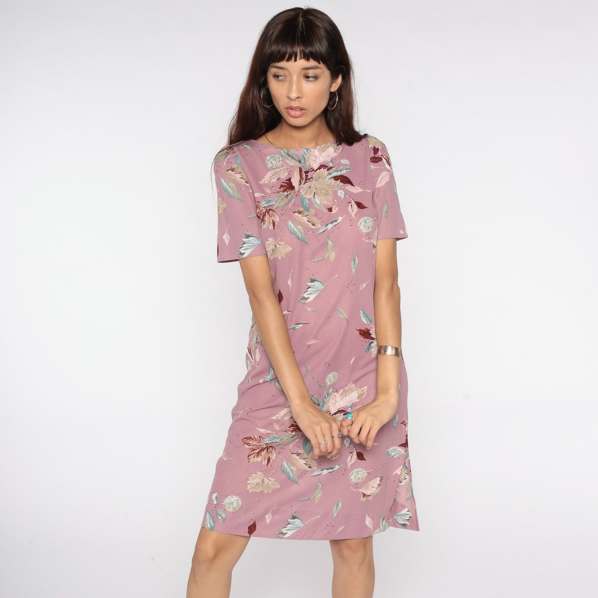 80s Purple Floral Puff Sleeve Dress Knee-Length Small Medium