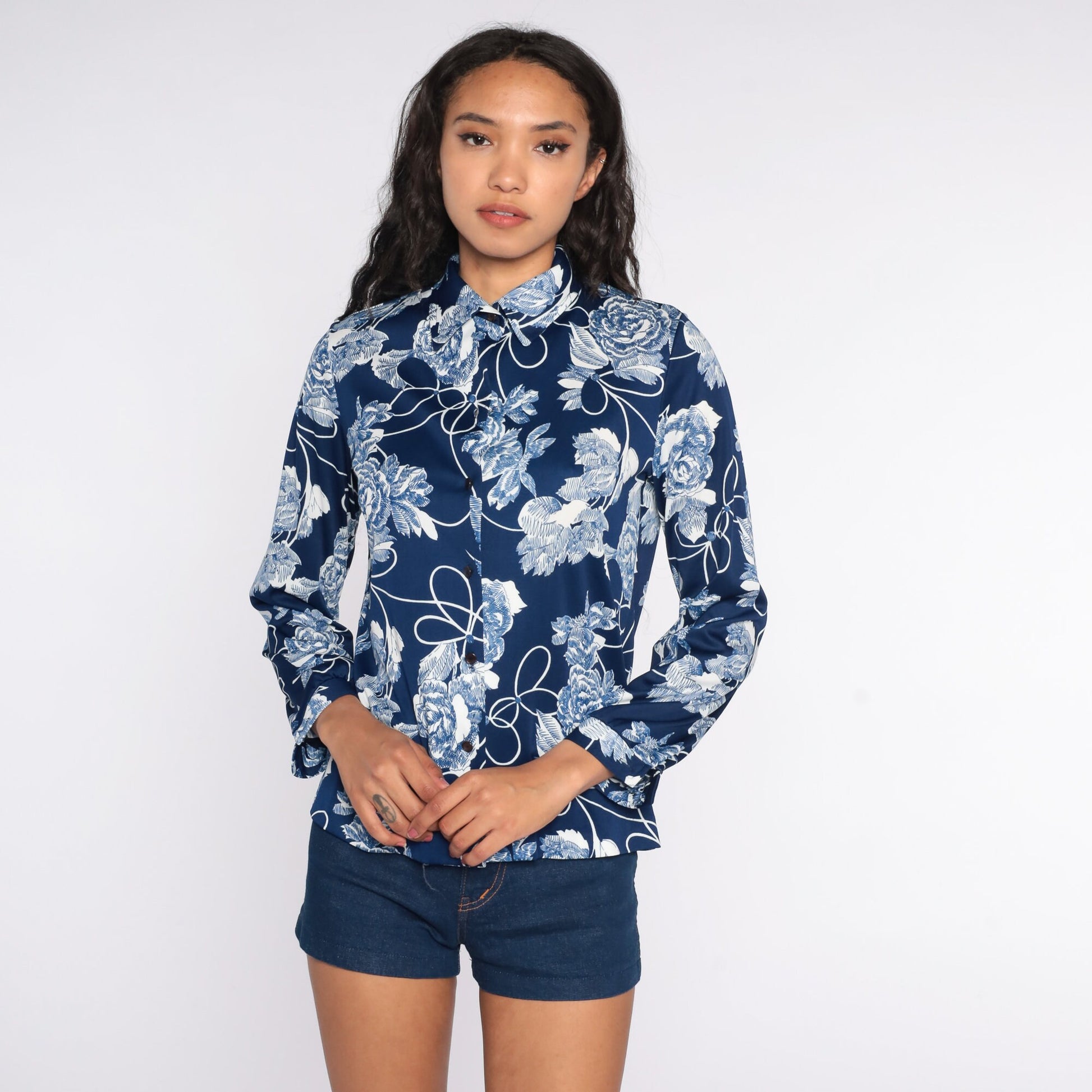 70s Blue Floral Button-Up Shirt Long Sleeve Disco Blouse Small S