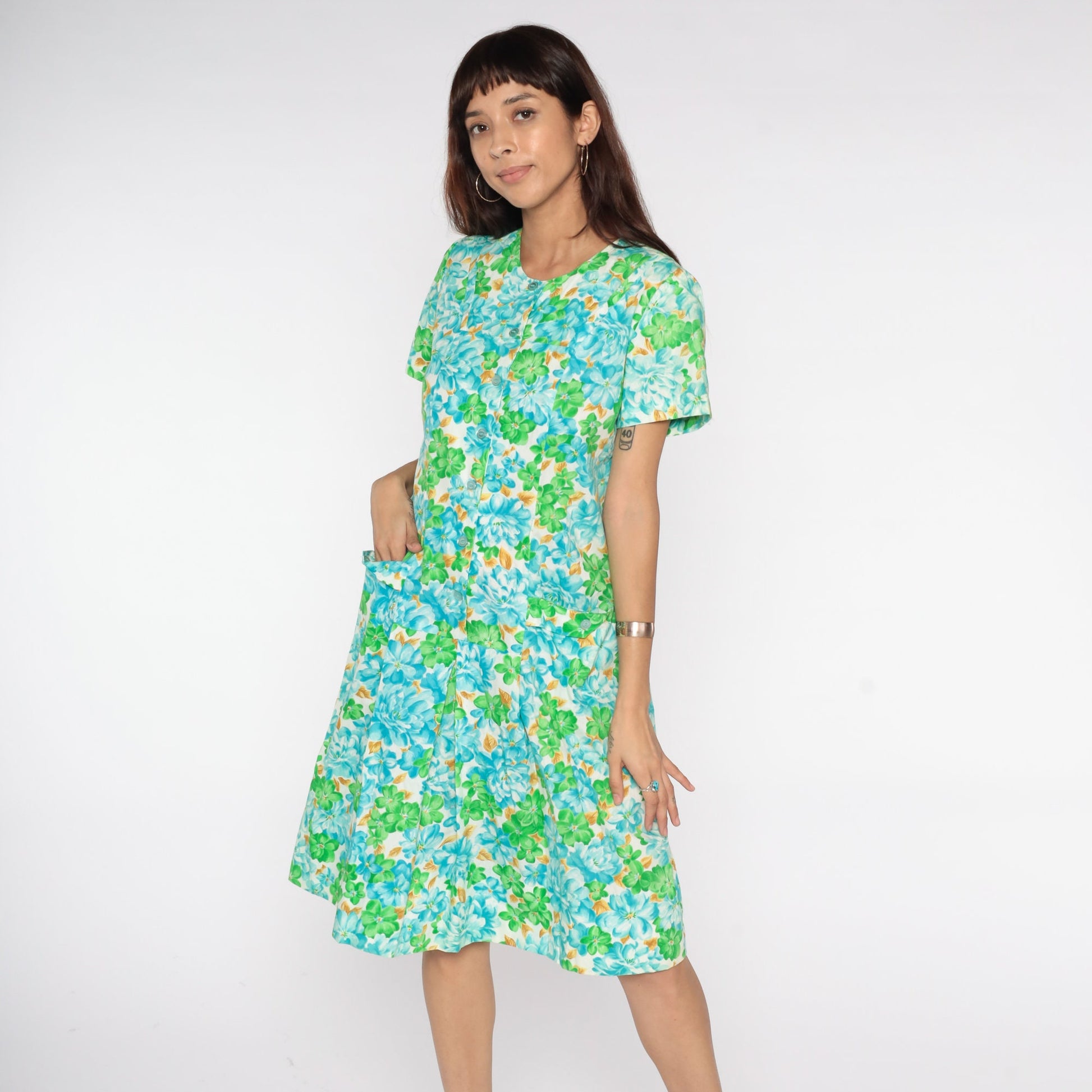 60s Floral Print Button-Up Dress White Blue Green Knee-Length Medium