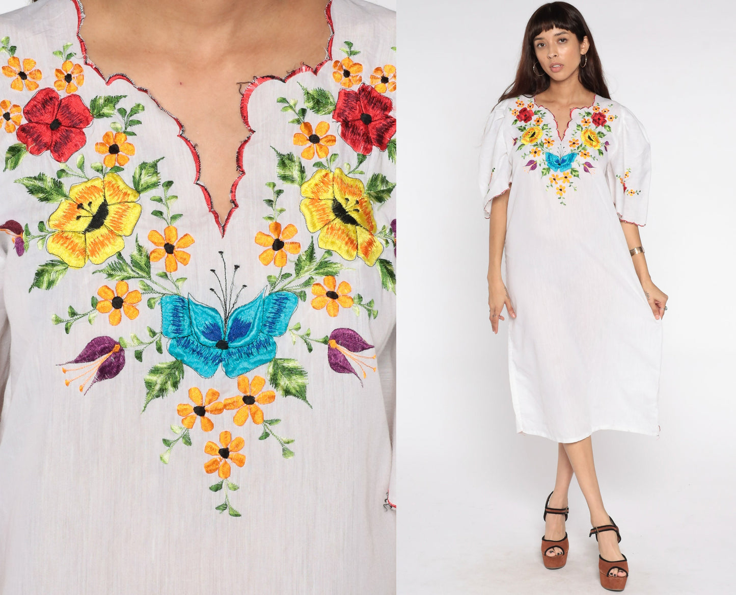 1980s Mexican Embroidered Floral Midi Dress White Cotton Puff Sleeve Medium
