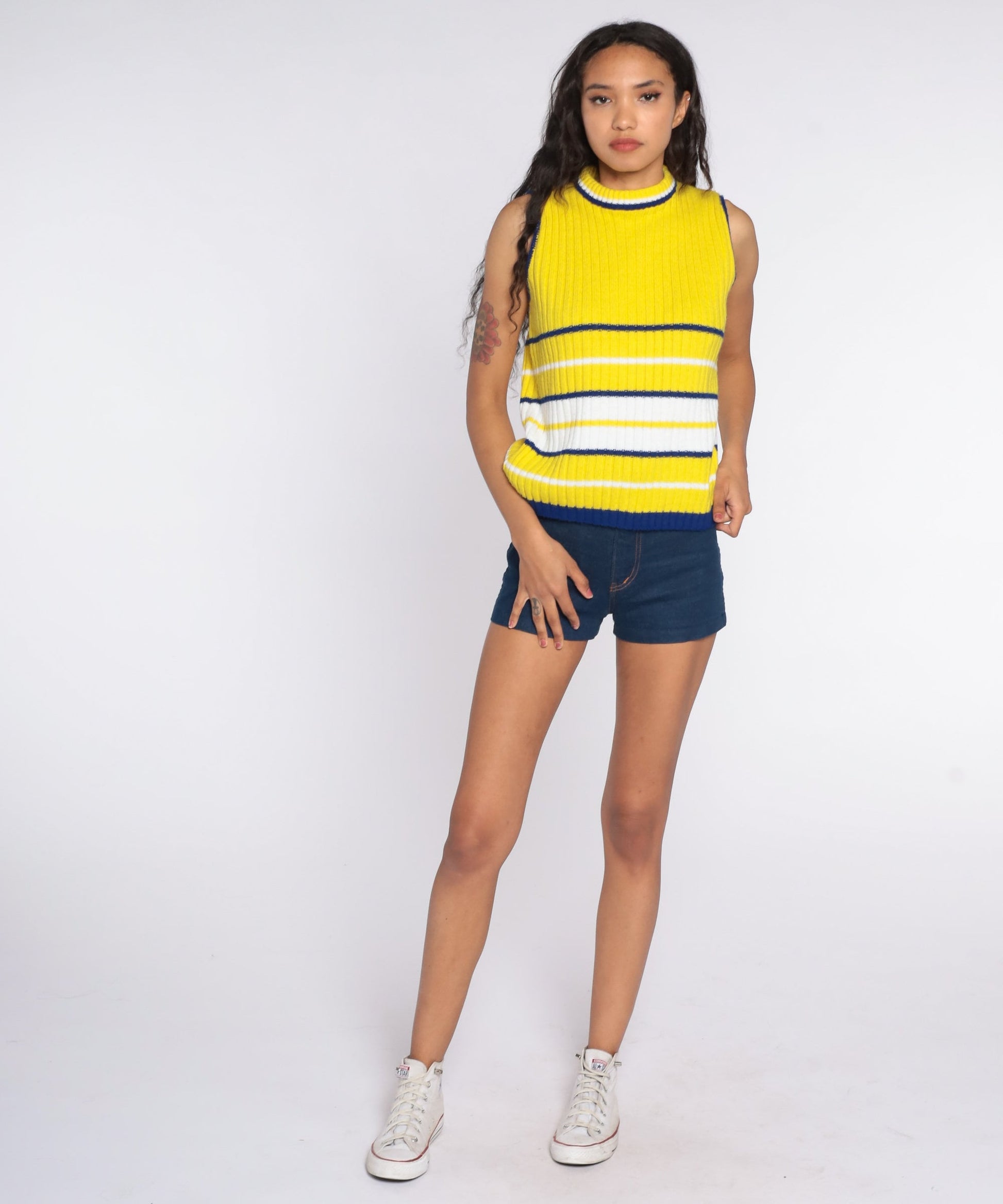 70s Yellow Striped Knit Tank Top Sleeveless Sweater Vest Medium
