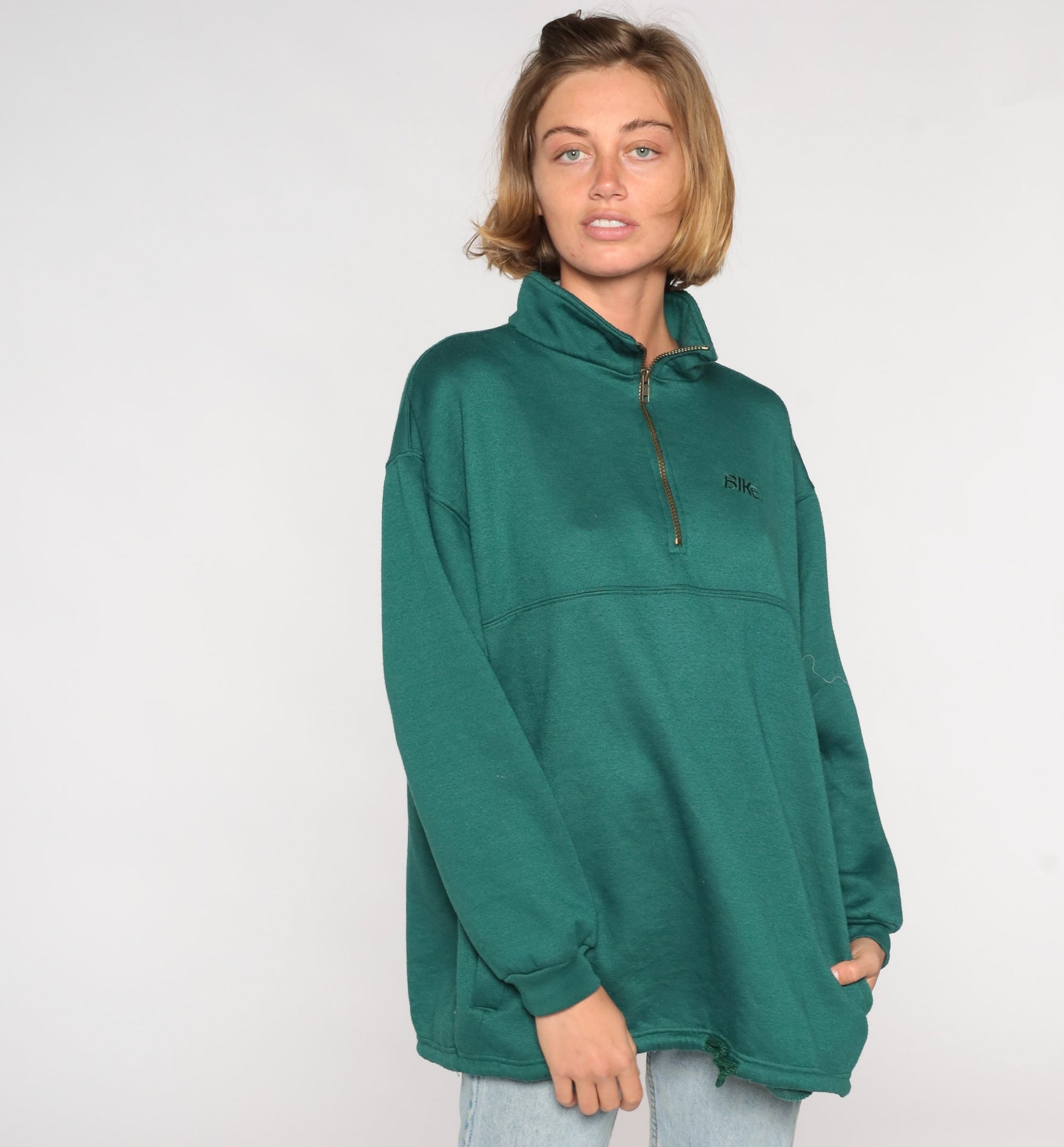 80s Bike Quarter Zip Sweatshirt Green Graphic Pullover Large L