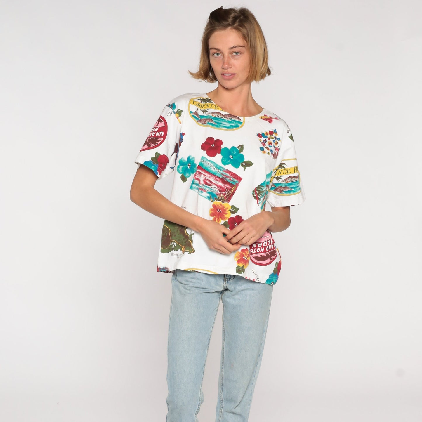 90s Hawaii Map Floral Graphic T-Shirt Mokuoloe Island Cotton Medium
