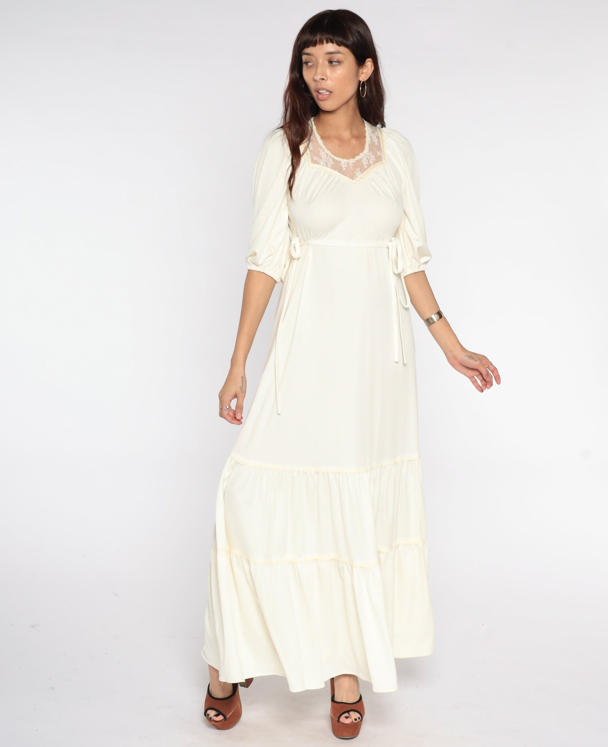1970s Cream Lace Maxi Dress Puff Sleeve High Waist Tiered Small