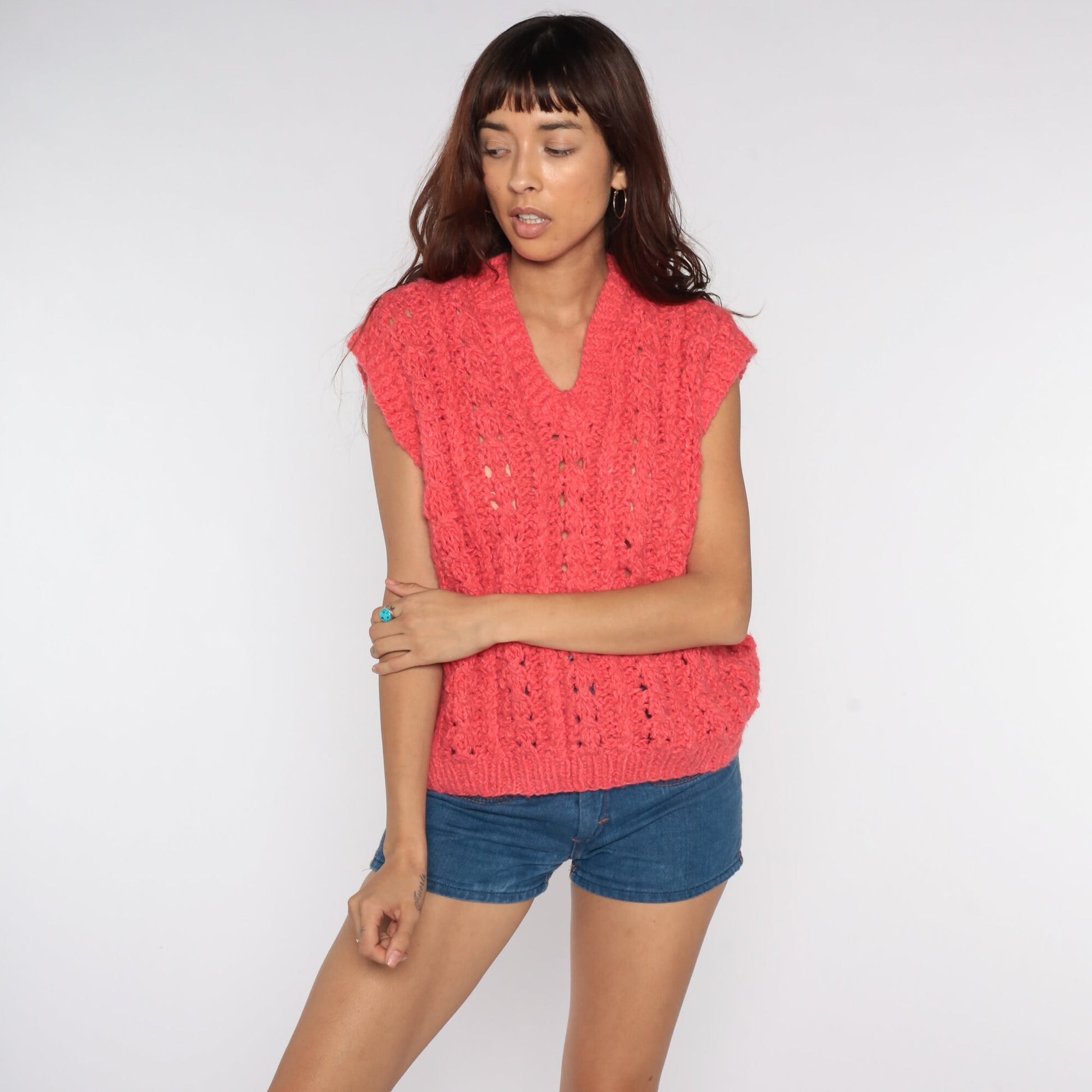 80s Pink Sheer Knit Vest Cap Sleeve V-Neck Sweater Top Large L