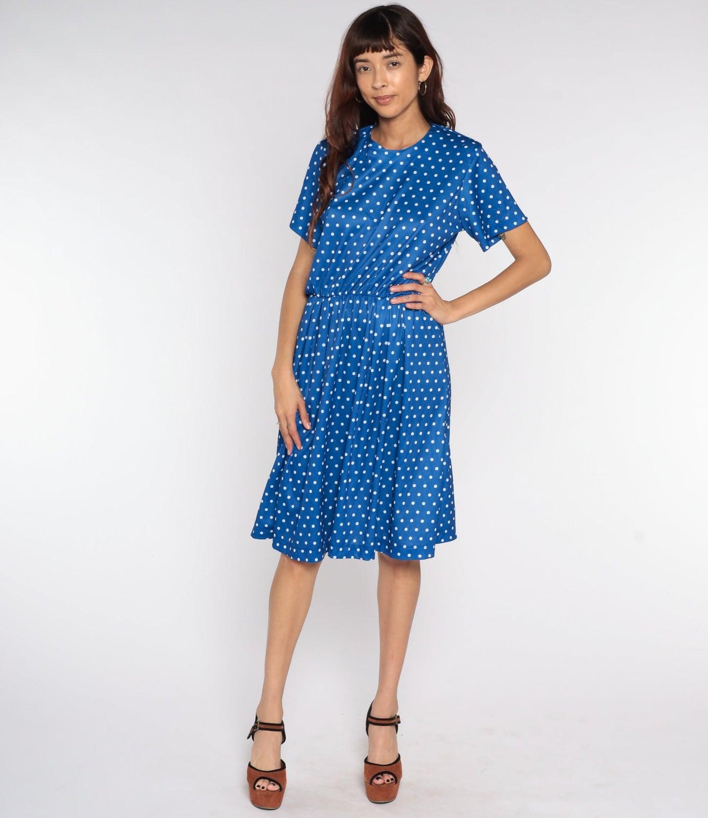 Y2K Blue Polka Dot Midi Dress High Waisted Short Sleeve Flared Large L