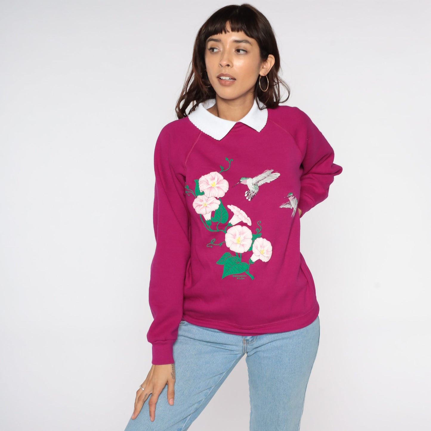 80s Hummingbird Floral Sweatshirt Magenta Graphic Collared Crewneck Medium