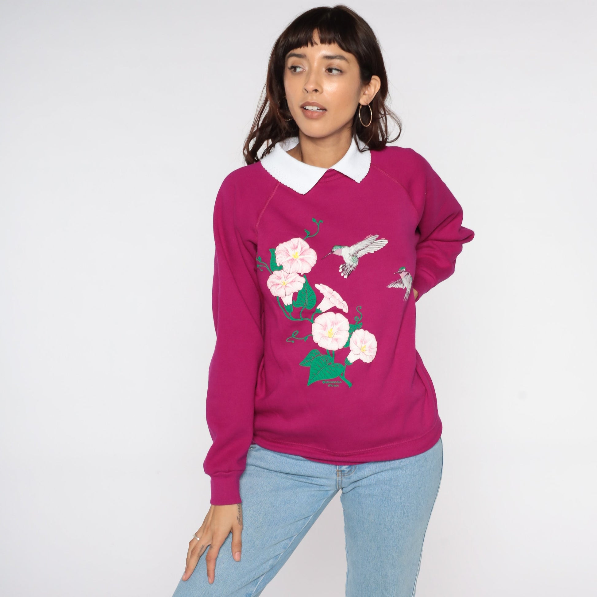 80s Hummingbird Floral Sweatshirt Magenta Graphic Collared Crewneck Medium