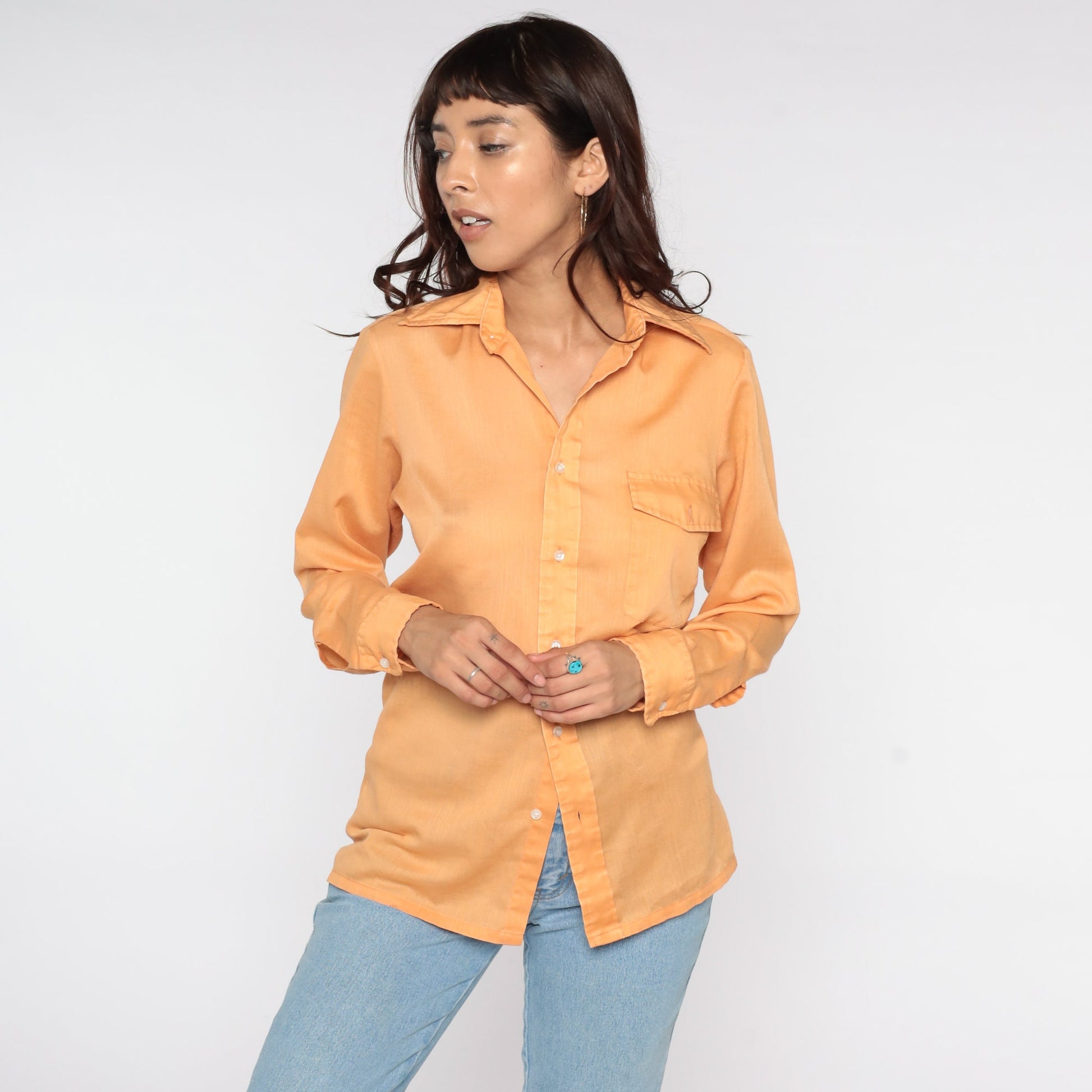 70s Orange Semi-Sheer Button-Up Shirt Long Sleeve Disco Collared Medium