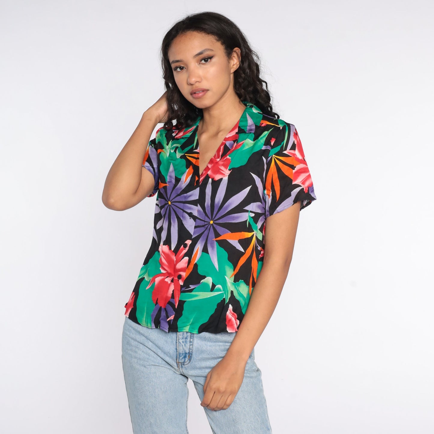 80s Tropical Floral Black Button-Up Blouse Short Sleeve Medium