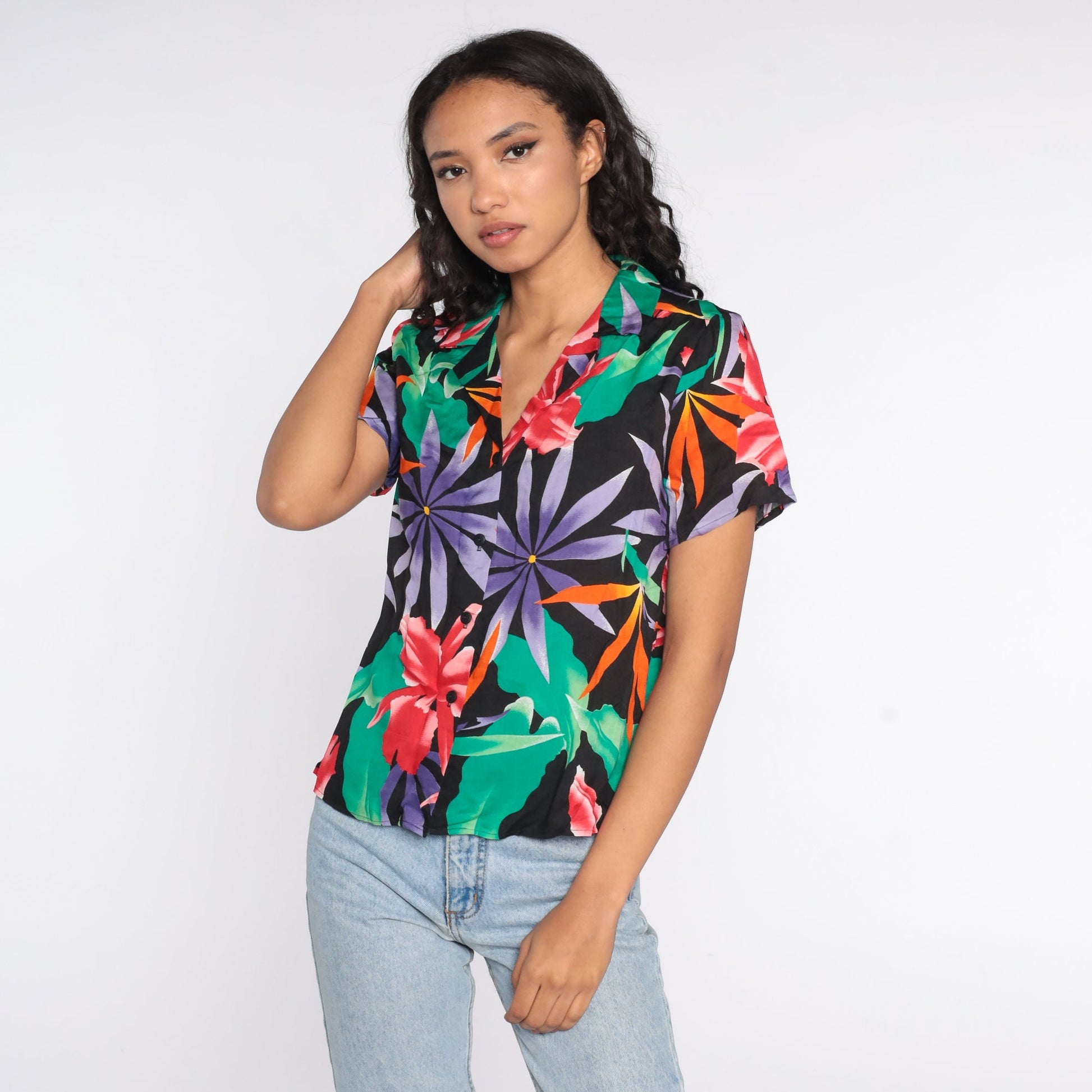 80s Tropical Floral Black Button-Up Blouse Short Sleeve Medium
