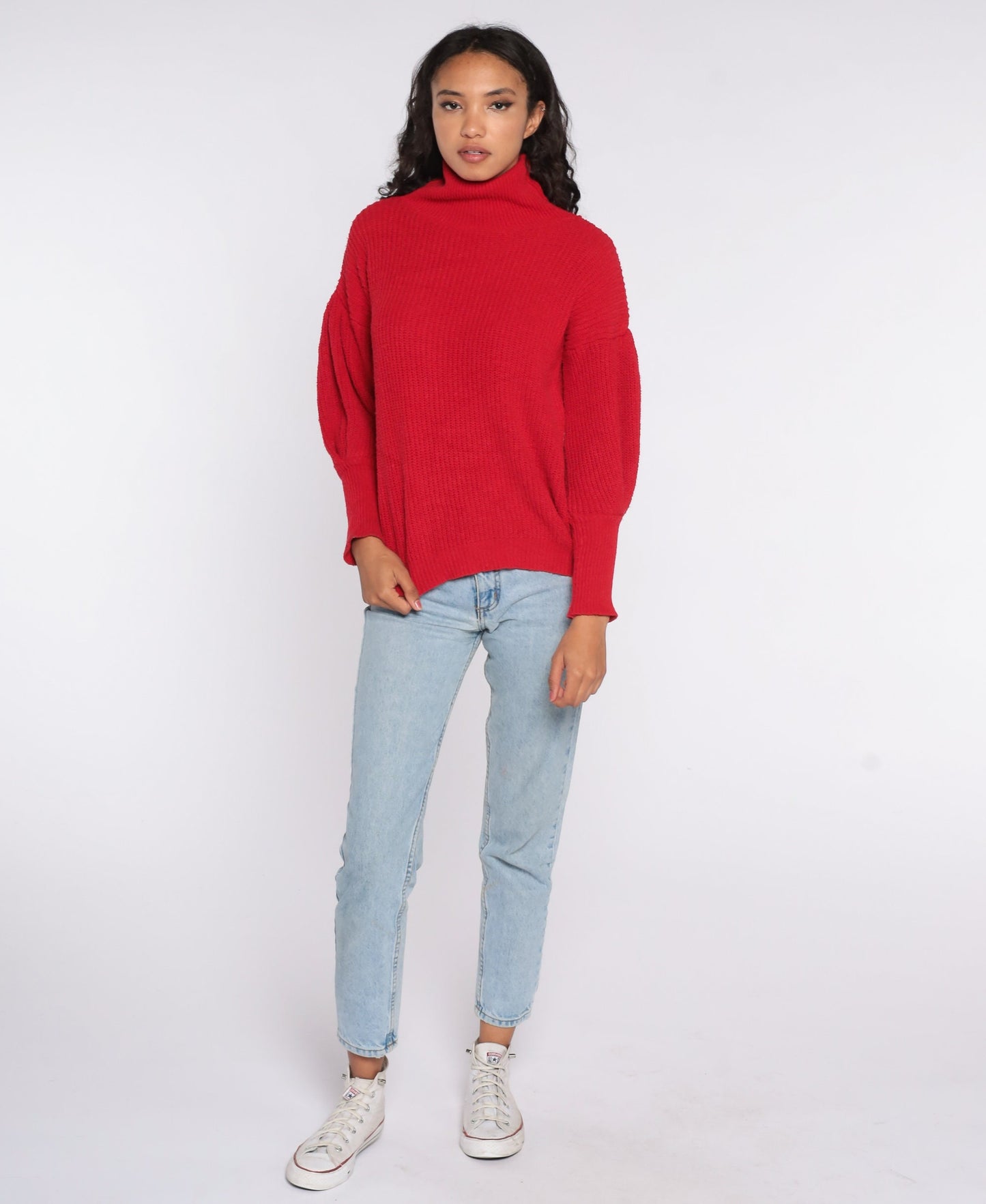 80s Red Mock Neck Balloon Sleeve Knit Sweater Medium