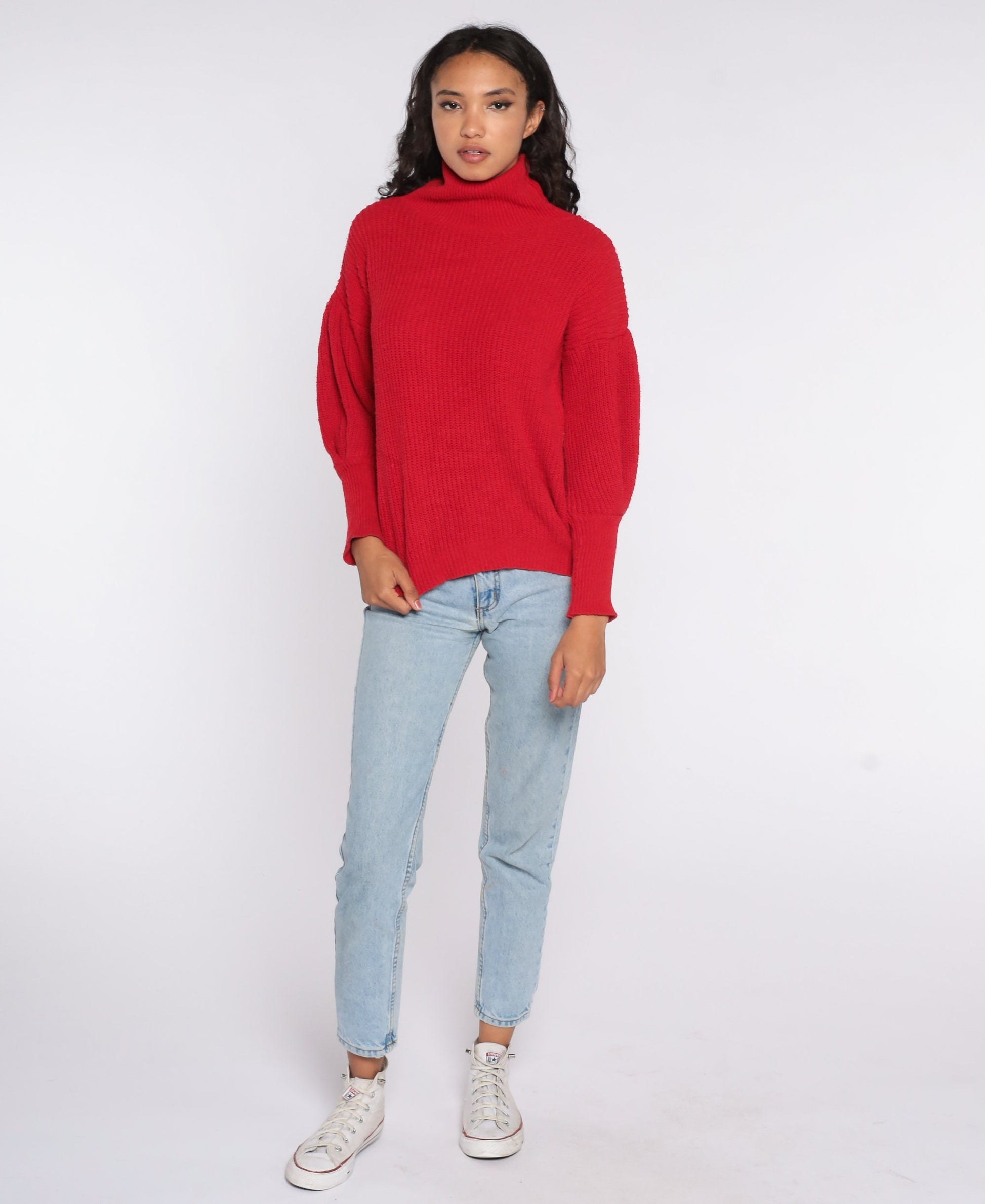 80s Red Mock Neck Balloon Sleeve Knit Sweater Medium