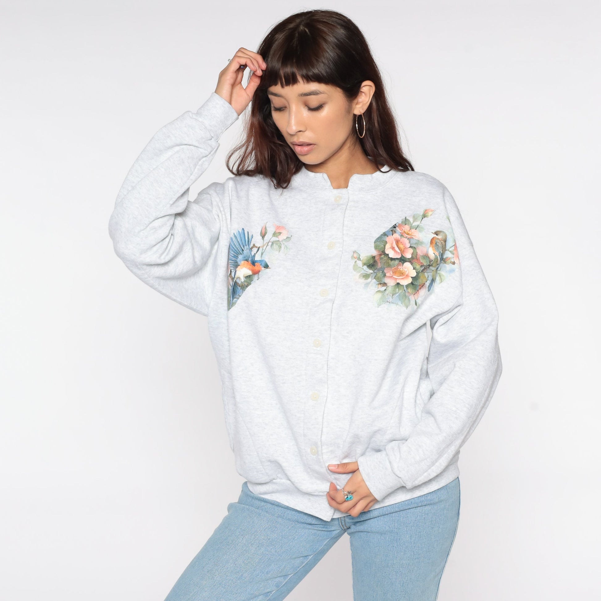 90s Floral Bird Cardigan Sweatshirt Light Grey Button-Up Large