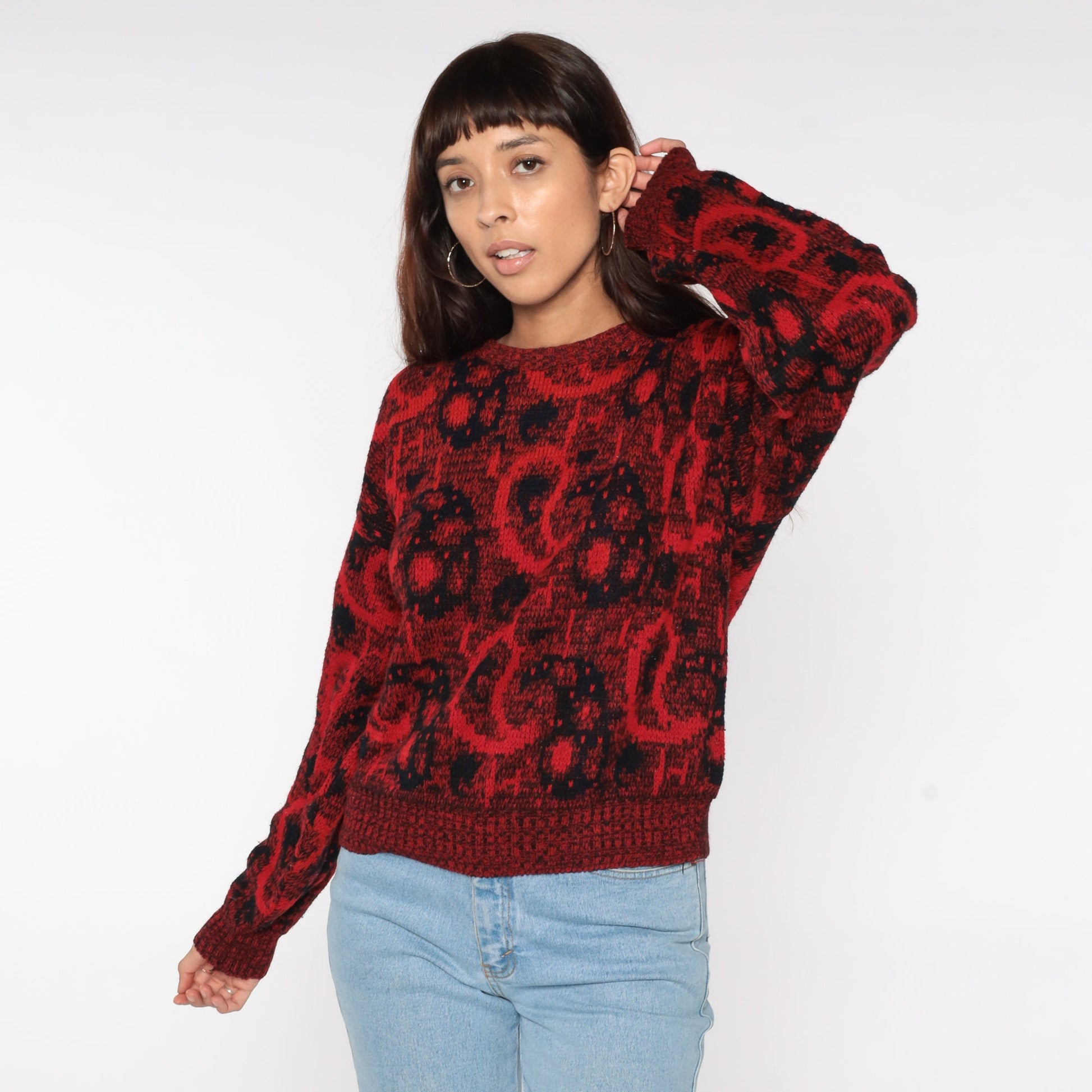 80s Paisley Pullover Sweater Red Black Acrylic Knit Medium